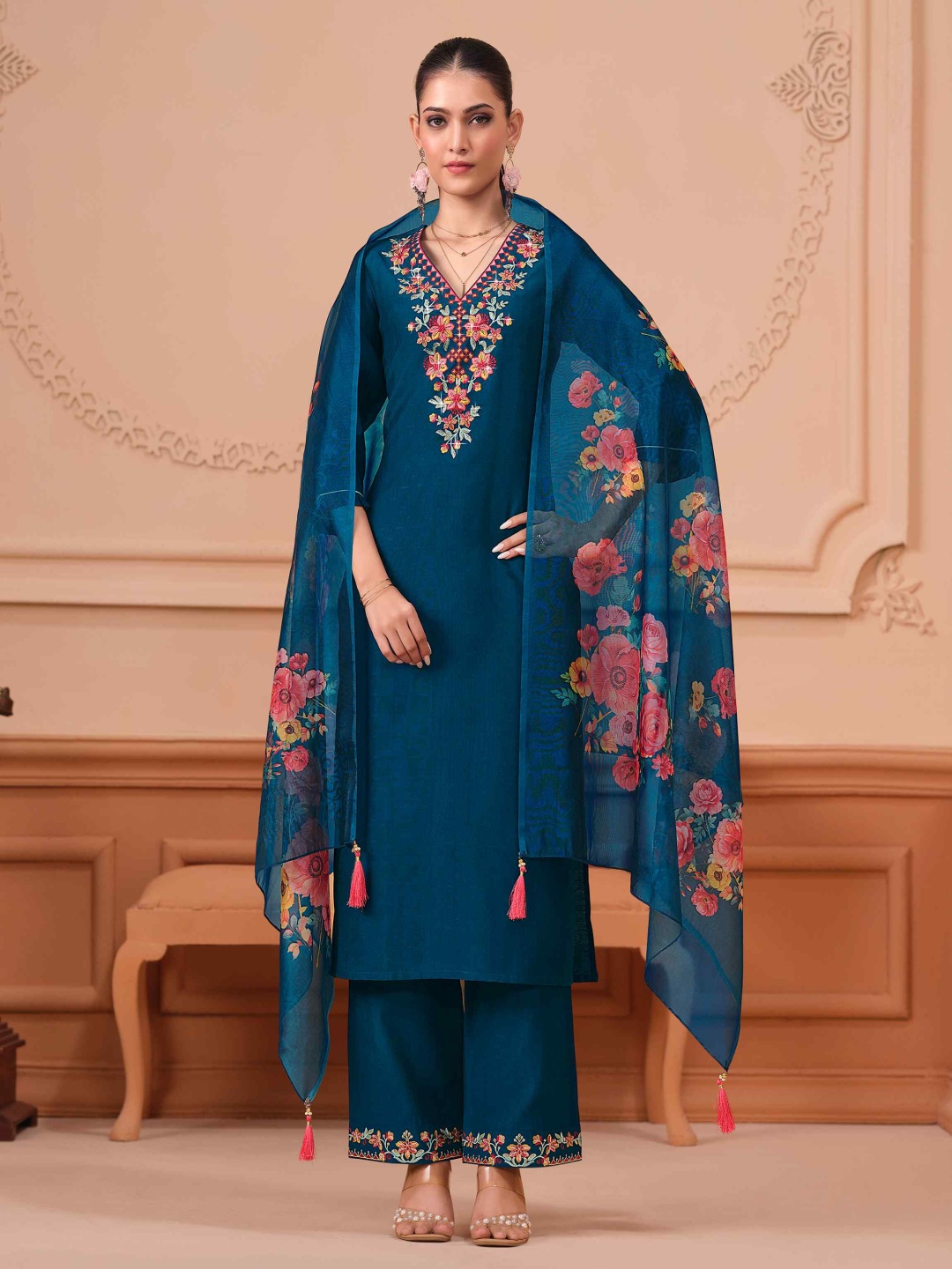 MOJILAA Women Floral Embroidered Straight Kurta With Palazzo & Printed Dupatta, Teal
MOJILAA Women Floral Embroidered Straight Kurta With Palazzo & Printed Dupatta, Teal