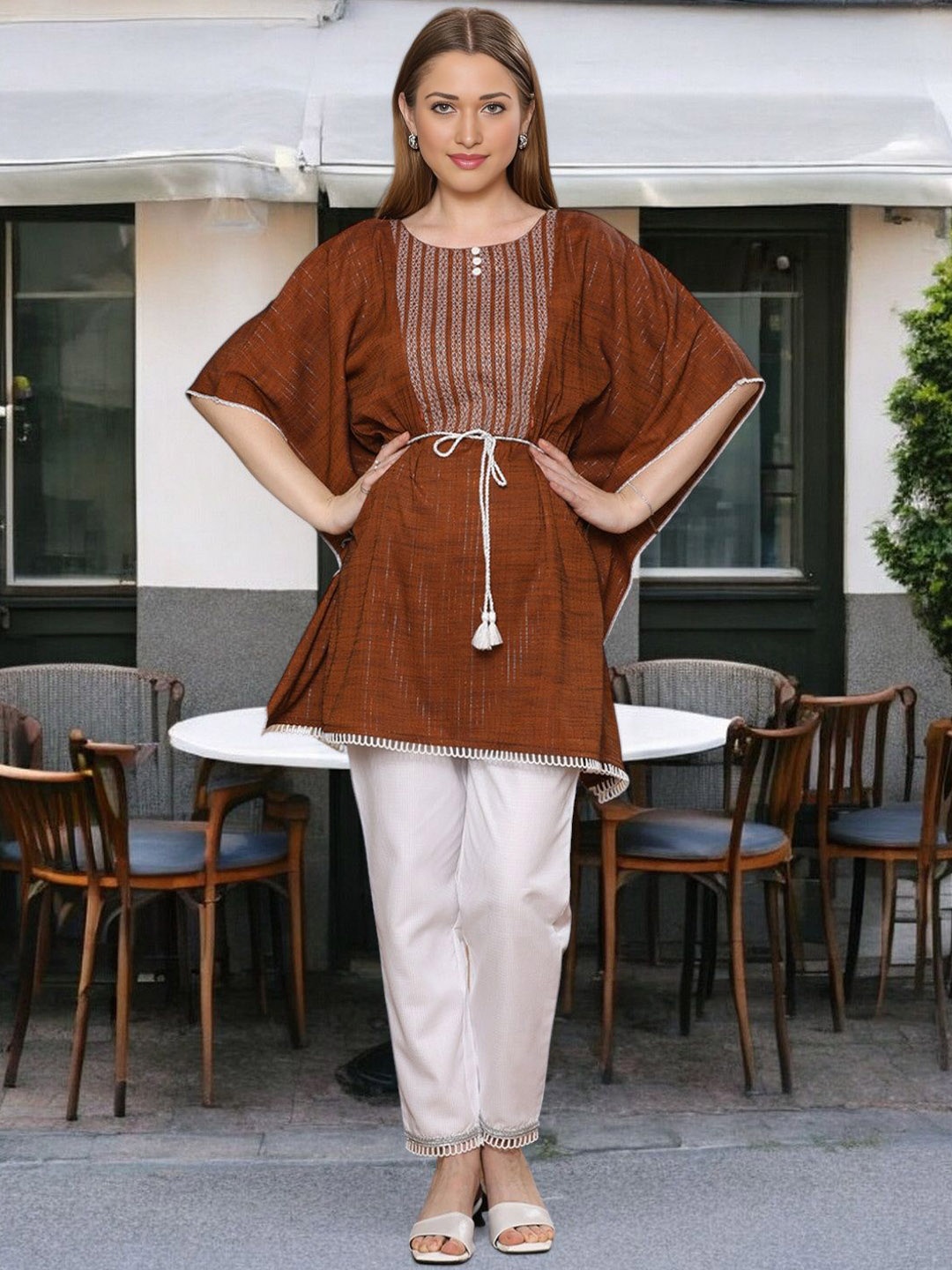 DUMMY SHAPE Women Embroidered Regular Thread Work Kurta with Trousers, Brown
DUMMY SHAPE Women Embroidered Regular Thread Work Kurta with Trousers, Brown