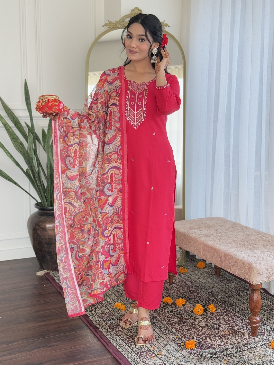 KAUTIK FABRICS Women Embroidered Regular Thread Work Kurta with Trousers & With Dupatta, Red
KAUTIK FABRICS Women Embroidered Regular Thread Work Kurta with Trousers & With Dupatta, Red