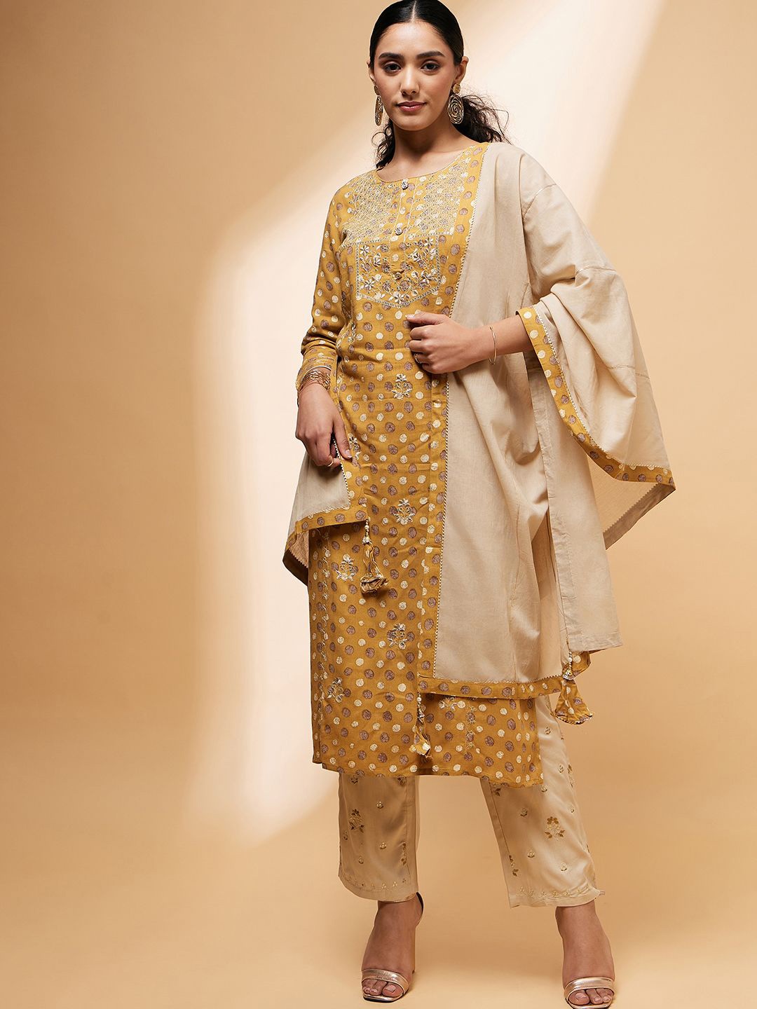 CHETI Women Embroidered Regular Zardozi Kurta with Trousers & With Dupatta, Mustard
CHETI Women Embroidered Regular Zardozi Kurta with Trousers & With Dupatta, Mustard