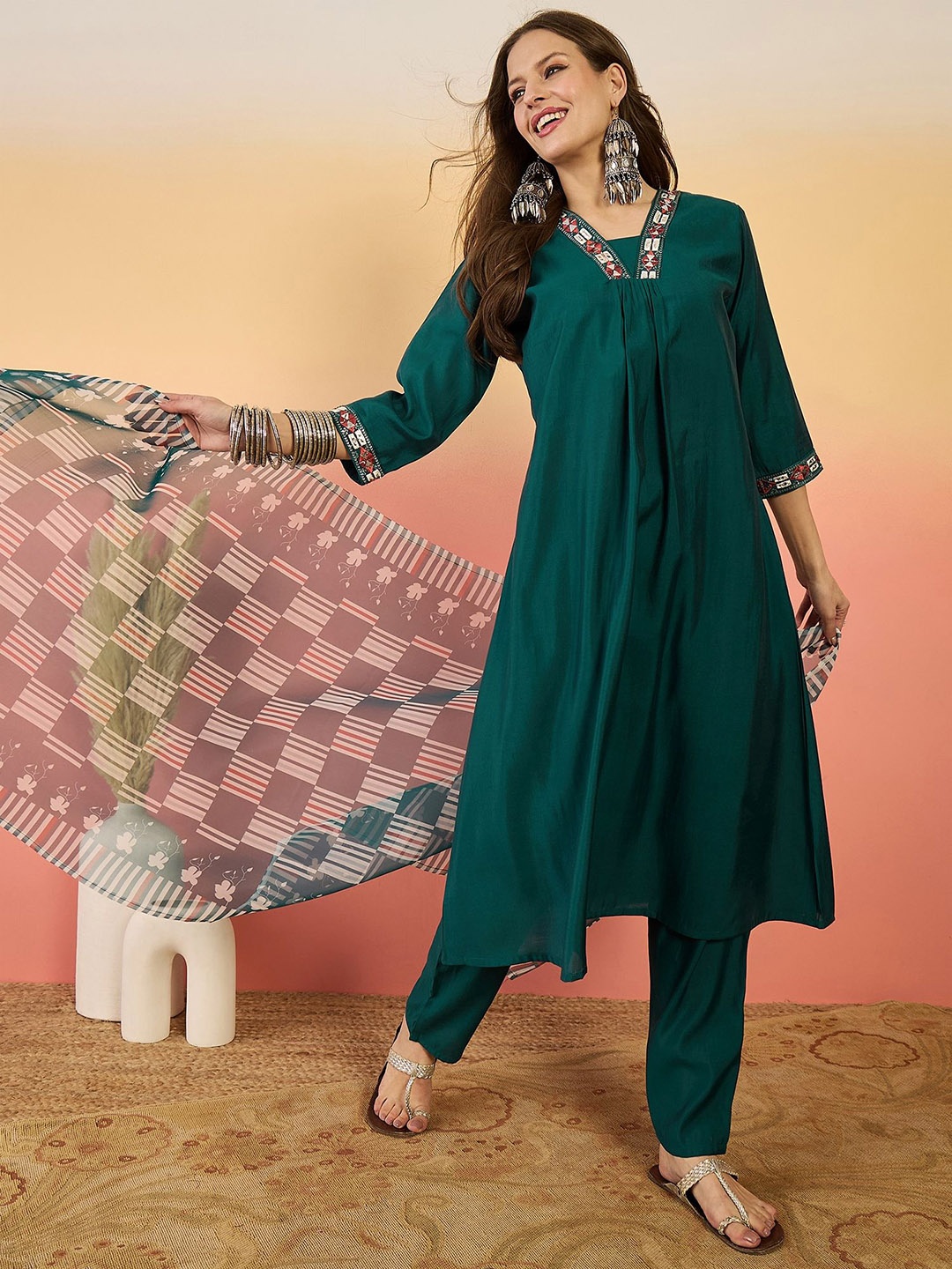 Sangria Women Yoke Design Pleated Mirror Work A-Line Kurta with Trousers & Dupatta, Green
Sangria Women Yoke Design Pleated Mirror Work A-Line Kurta with Trousers & Dupatta, Green