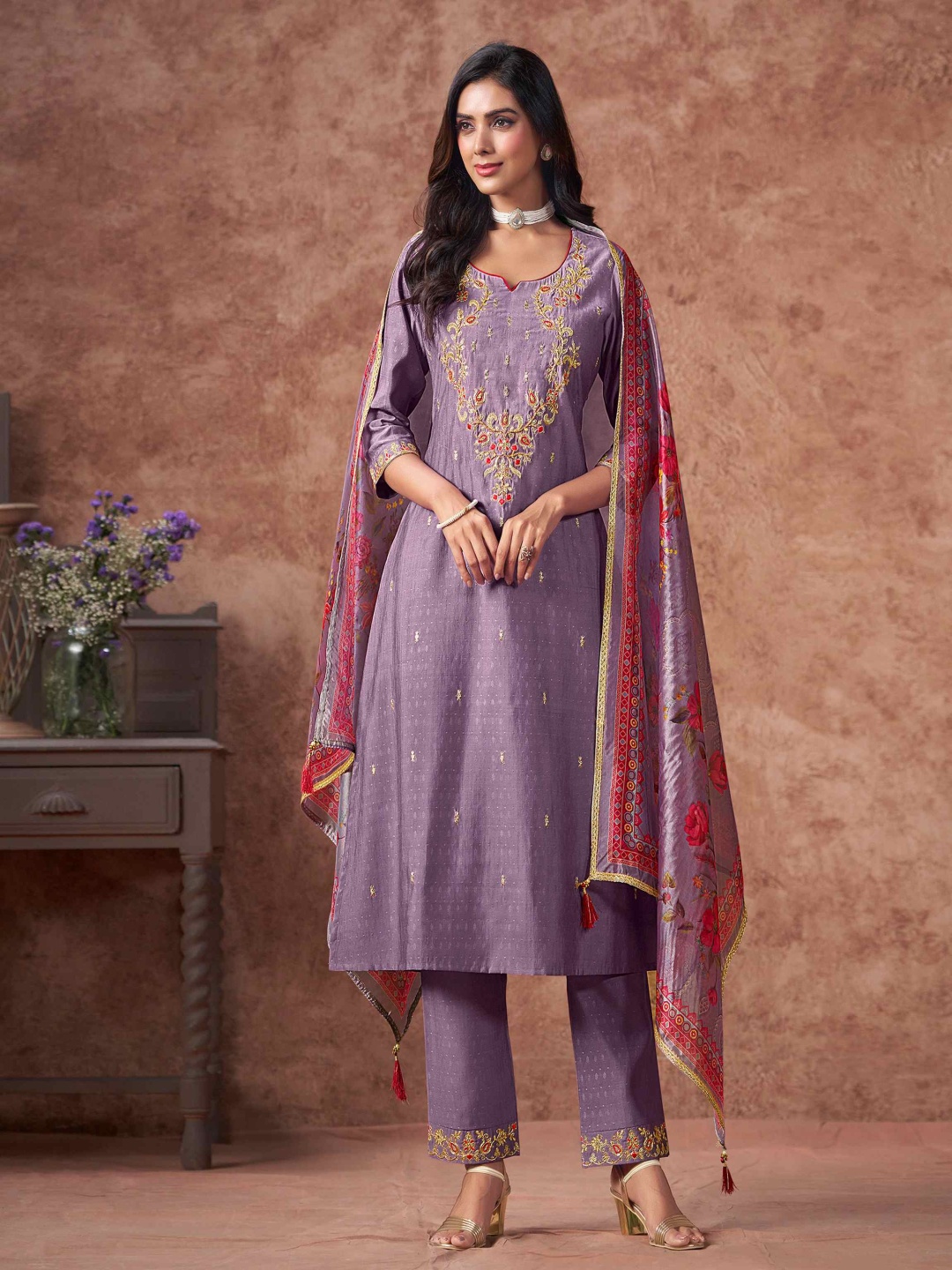 MOJILAA Women Silk Floral Embroidered A-line Kurta with Pant & Printed Dupatta, Lavender
MOJILAA Women Silk Floral Embroidered A-line Kurta with Pant & Printed Dupatta, Lavender