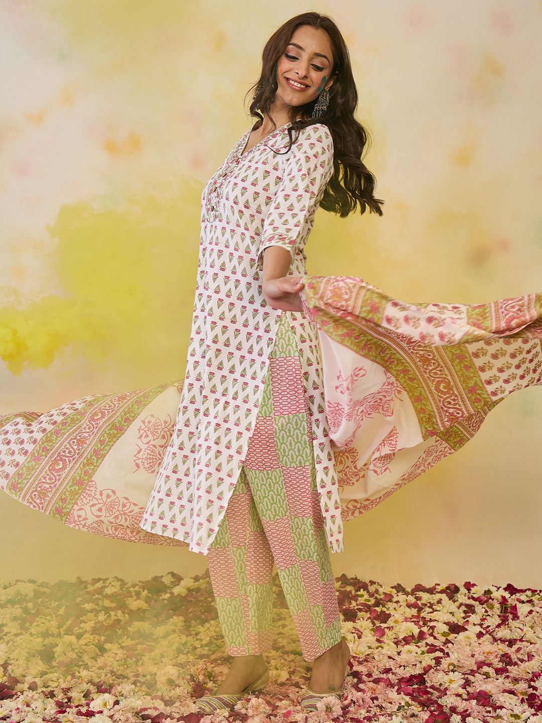 Indo Era Women Floral Printed Regular Pure Cotton Kurta with Trousers & With Dupatta, White
Indo Era Women Floral Printed Regular Pure Cotton Kurta with Trousers & With Dupatta, White