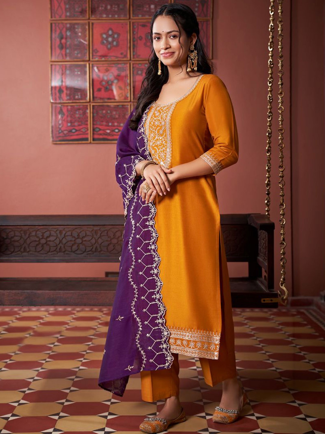 Colors of Earth Women Ethnic Motifs Embroidered Regular Kurta with Trousers & With Dupatta, Mustard
Colors of Earth Women Ethnic Motifs Embroidered Regular Kurta with Trousers & With Dupatta, Mustard