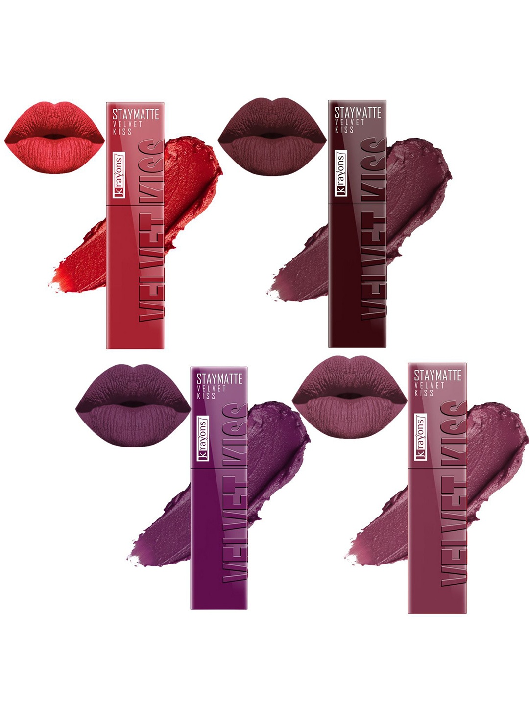 krayons Velvet Kiss Set Of 4 Non Transfer Liquid Lipstick - 3.5 ml Each Shade 01-02-03-04, Red
krayons Velvet Kiss Set Of 4 Non Transfer Liquid Lipstick - 3.5 ml Each Shade 01-02-03-04, Red