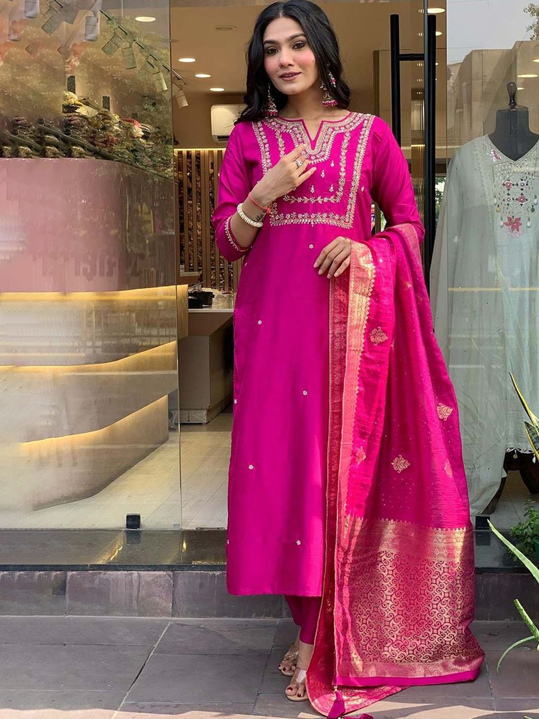 Royal Export Women Embroidered Regular Thread Work Chanderi Cotton Kurta with Trousers & With Dupatta, Pink
Royal Export Women Embroidered Regular Thread Work Chanderi Cotton Kurta with Trousers & With Dupatta, Pink