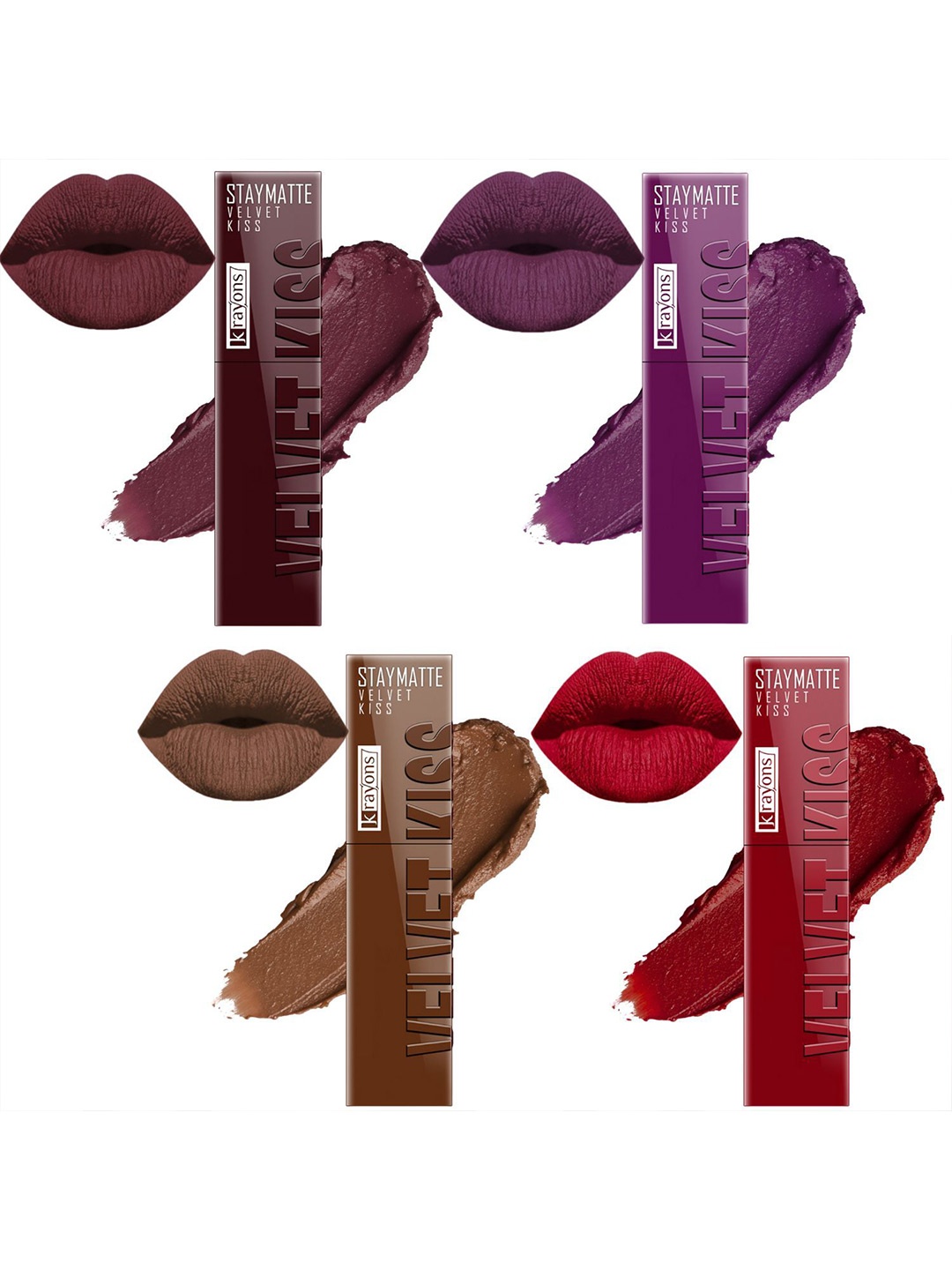 krayons Velvet Kiss Set Of 4 Non Transfer Liquid Lipstick - 3.5 ml Each Shade 02-03-11-12, Brown
krayons Velvet Kiss Set Of 4 Non Transfer Liquid Lipstick - 3.5 ml Each Shade 02-03-11-12, Brown