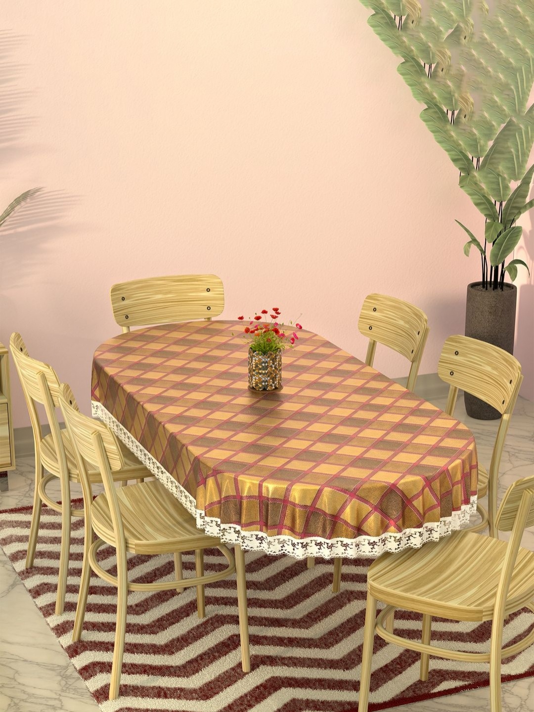 Aura Gold Toned Geometric Printed Plastic 6 Seater Waterproof Oval Dining Table Cover
Aura Gold Toned Geometric Printed Plastic 6 Seater Waterproof Oval Dining Table Cover