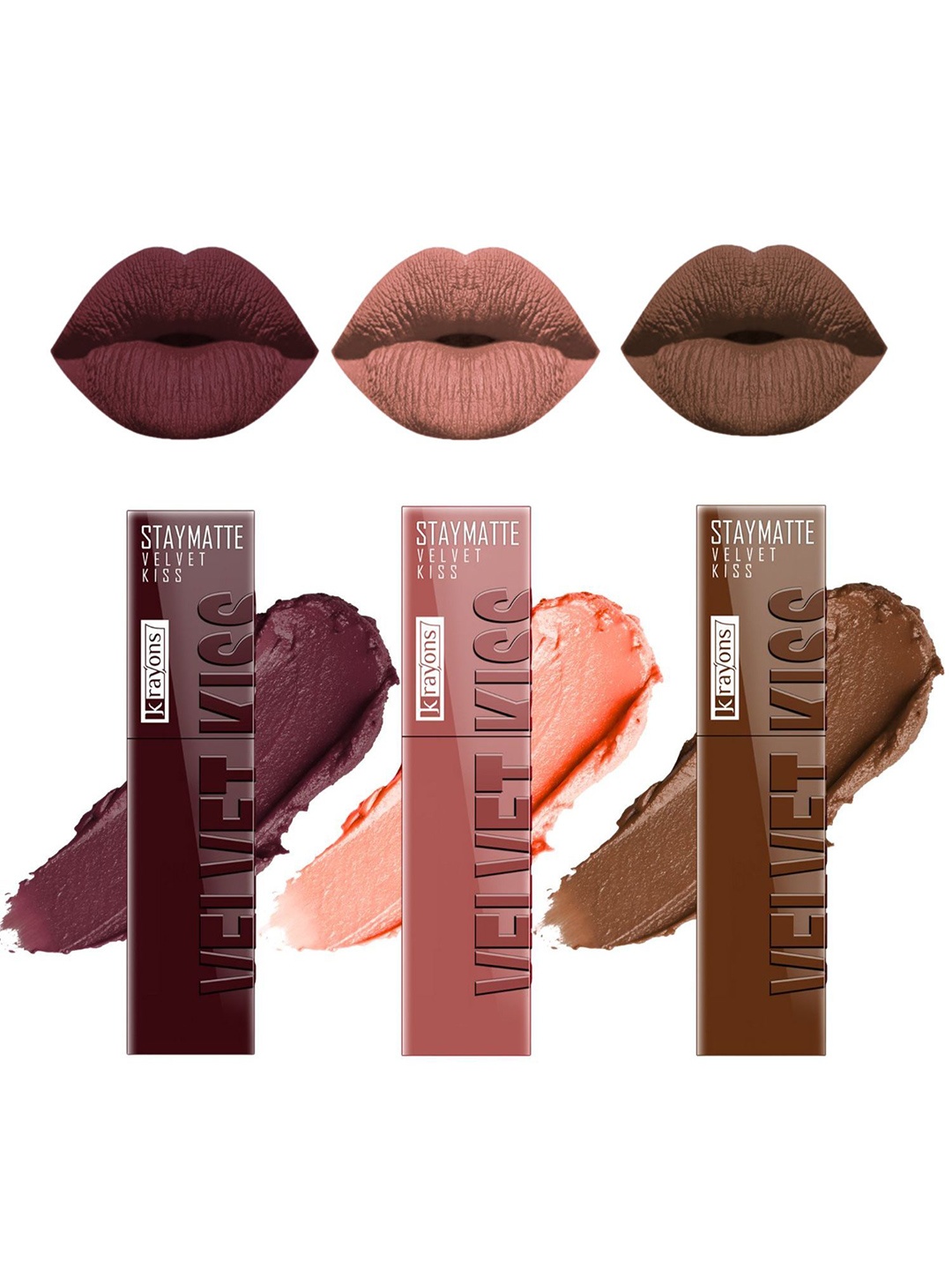 krayons StayMatte Velvet Kiss Set Of 3 Matte Liquid Lipstick - 3.5 ml Each - 02 05 11, Nude
krayons StayMatte Velvet Kiss Set Of 3 Matte Liquid Lipstick - 3.5 ml Each - 02 05 11, Nude