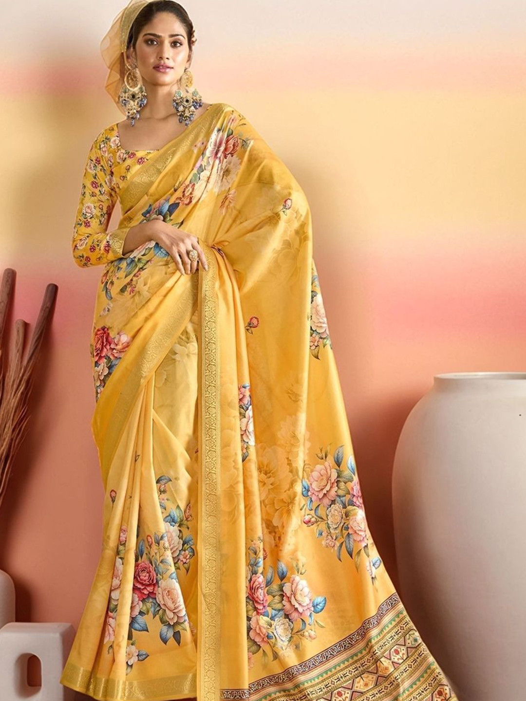 Sangria Tussar Silk Floral Printed Saree With Blouse Piece, Yellow
Sangria Tussar Silk Floral Printed Saree With Blouse Piece, Yellow