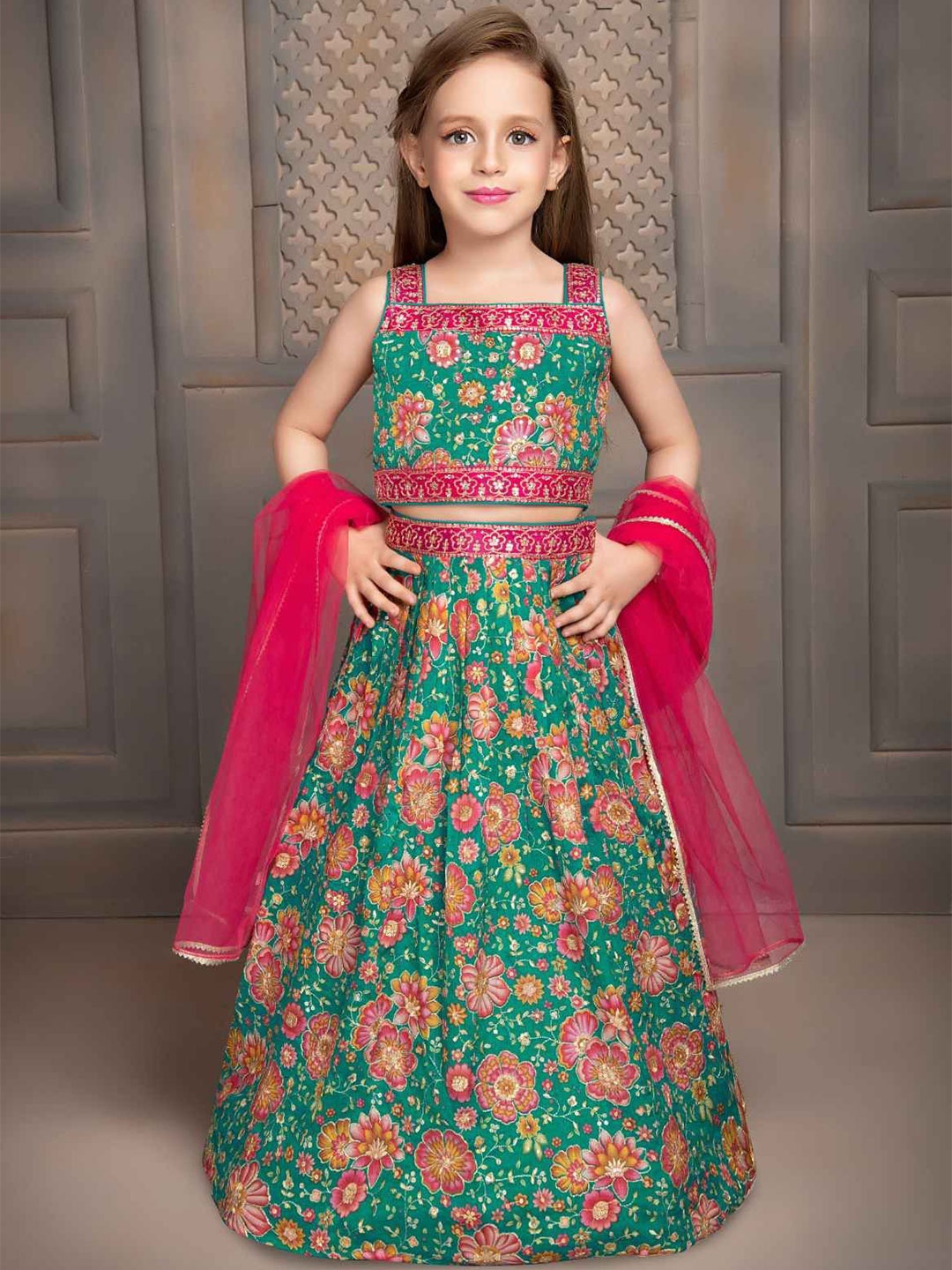 Lagorii Girls Embroidered Kalamkari Ready to Wear Lehenga & Blouse With Dupatta, Green
Lagorii Girls Embroidered Kalamkari Ready to Wear Lehenga & Blouse With Dupatta, Green