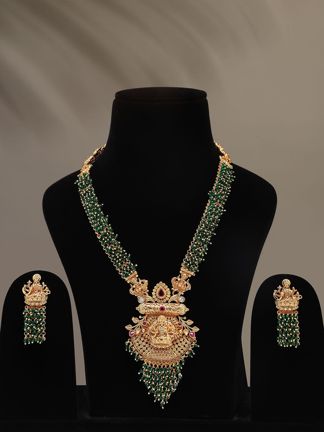 Stone Studded Blessing Goddess Lakshmi Long Necklace & Earrings Set wWth Beads, Gold
Stone Studded Blessing Goddess Lakshmi Long Necklace & Earrings Set wWth Beads, Gold