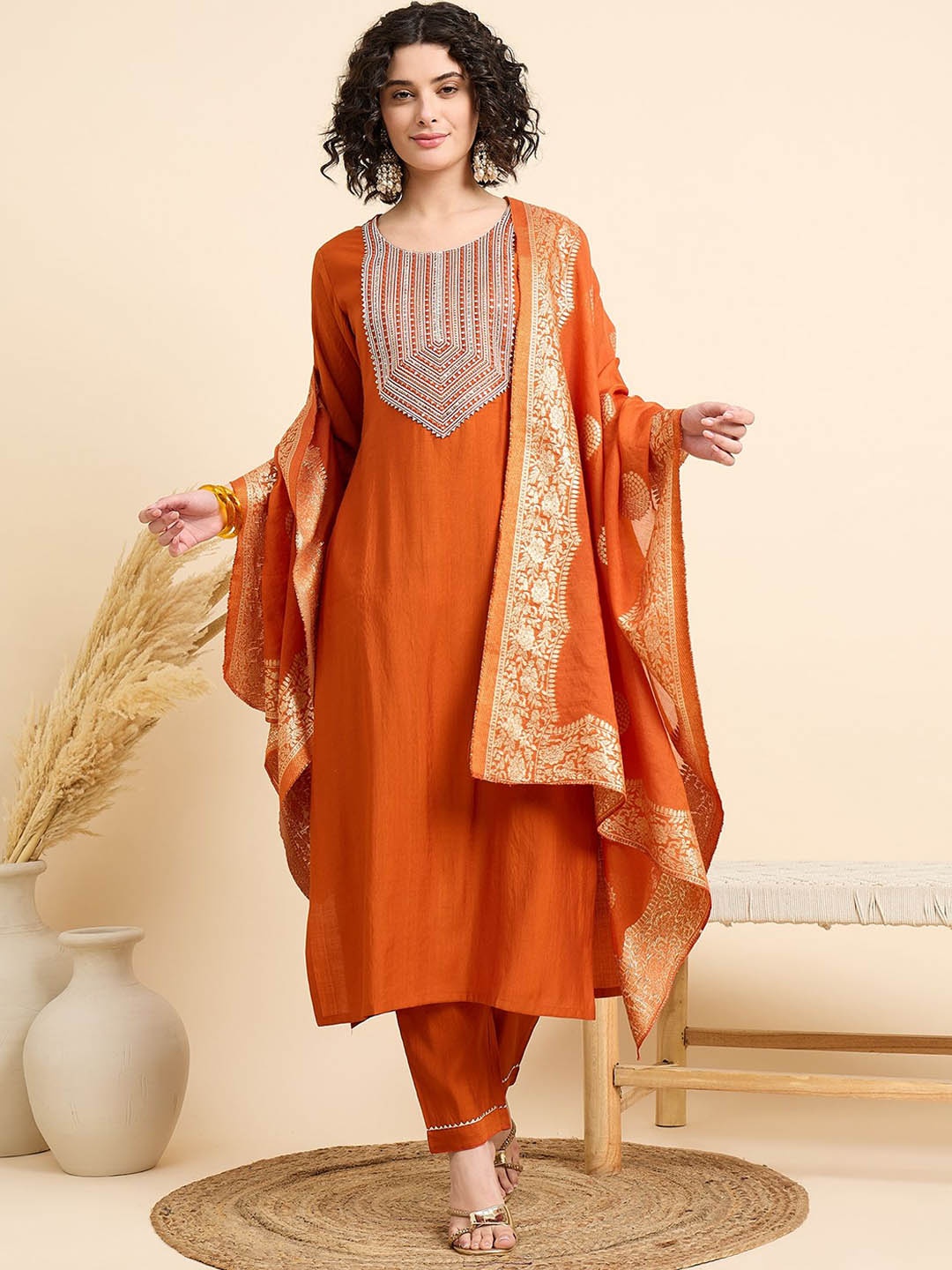 KALINI Women Embroidered Regular Chikankari Pure Silk Kurta with Trousers & With Dupatta, Orange
KALINI Women Embroidered Regular Chikankari Pure Silk Kurta with Trousers & With Dupatta, Orange