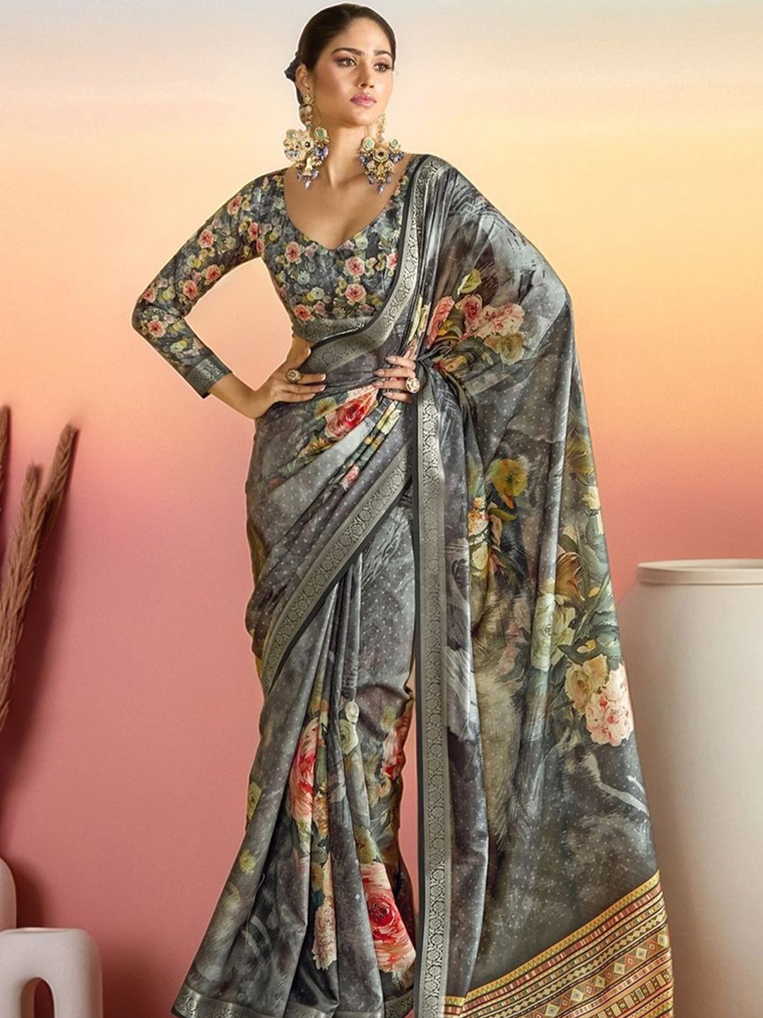 Sangria Tussar Floral Printed Saree With Blouse Piece, Grey
Sangria Tussar Floral Printed Saree With Blouse Piece, Grey