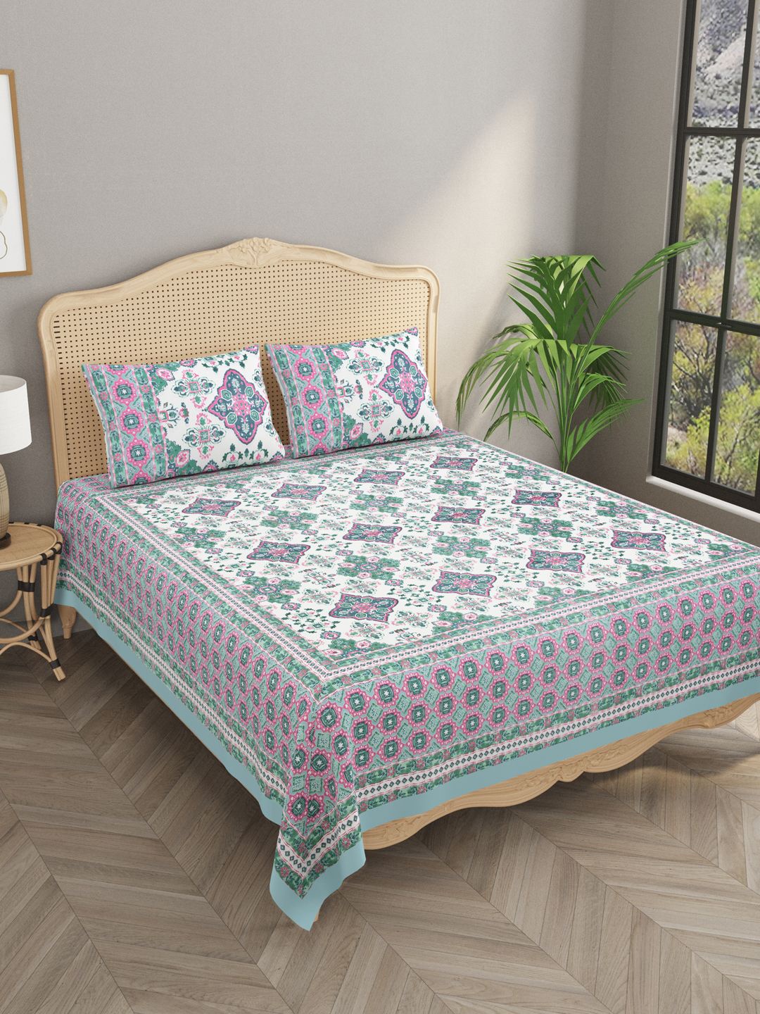 Gulaab Jaipur White & Green Ethnic Motifs 400 TC King Bedsheet with 2 Pillow Covers
Gulaab Jaipur White & Green Ethnic Motifs 400 TC King Bedsheet with 2 Pillow Covers
