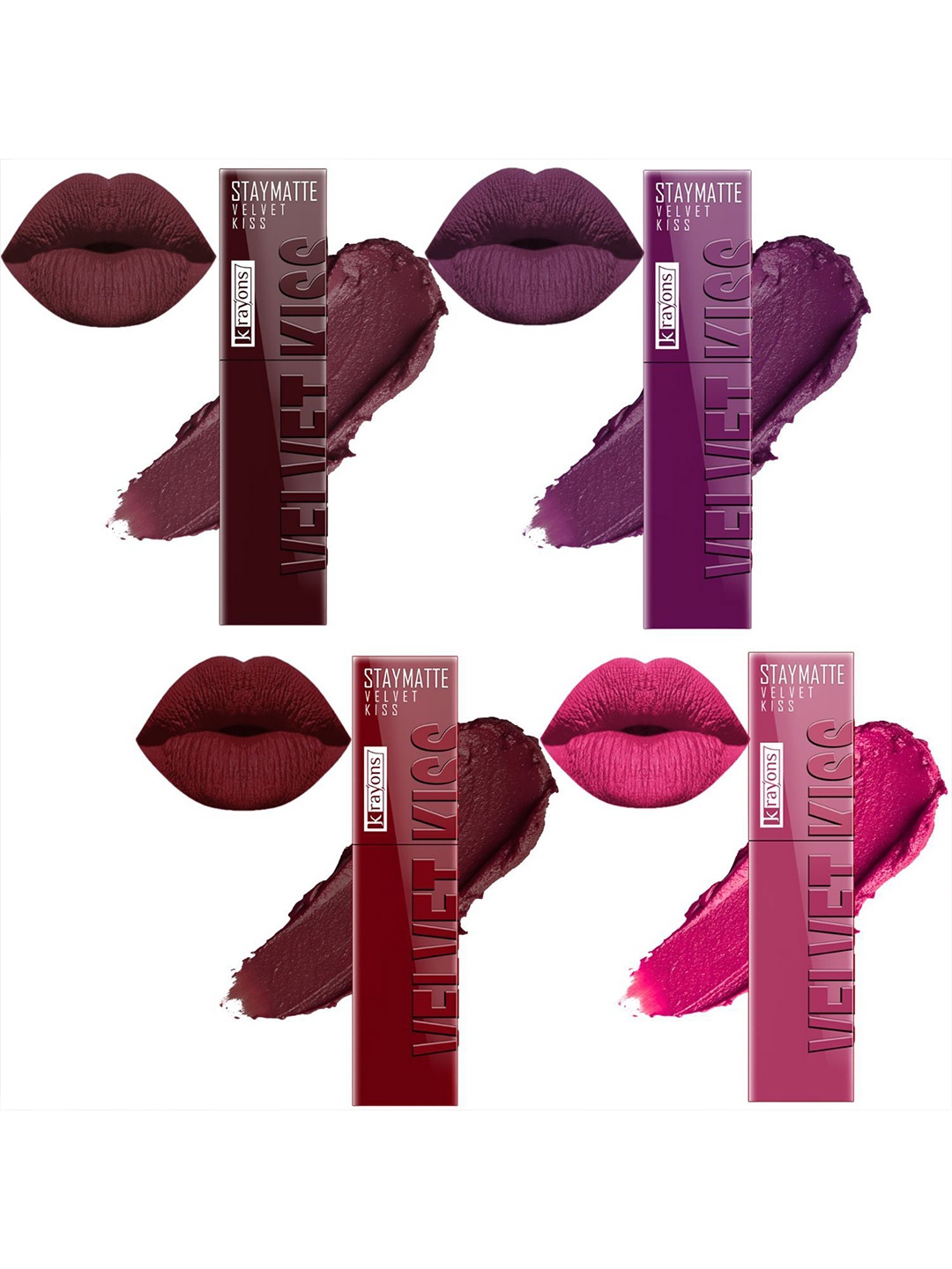 krayons Velvet Kiss Set Of 4 Non Transfer Liquid Lipstick - 3.5 ml Each Shade 02-03-09-10, Burgundy
krayons Velvet Kiss Set Of 4 Non Transfer Liquid Lipstick - 3.5 ml Each Shade 02-03-09-10, Burgundy