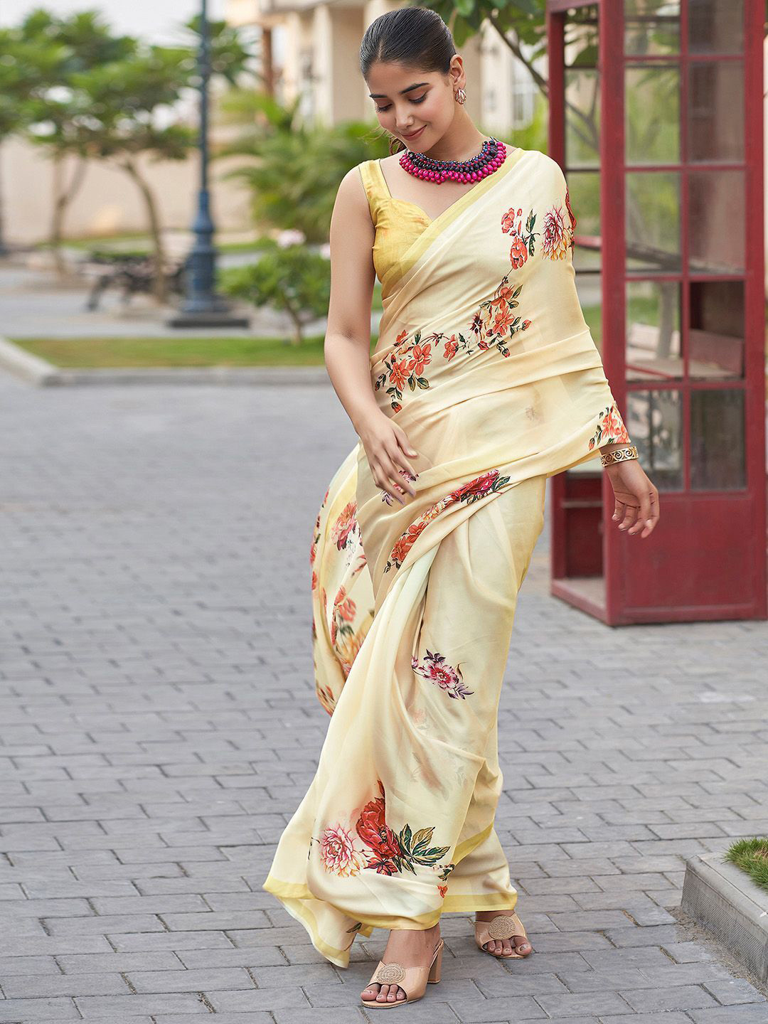 DIVASTRI Floral Satin Saree, Cream 
DIVASTRI Floral Satin Saree, Cream