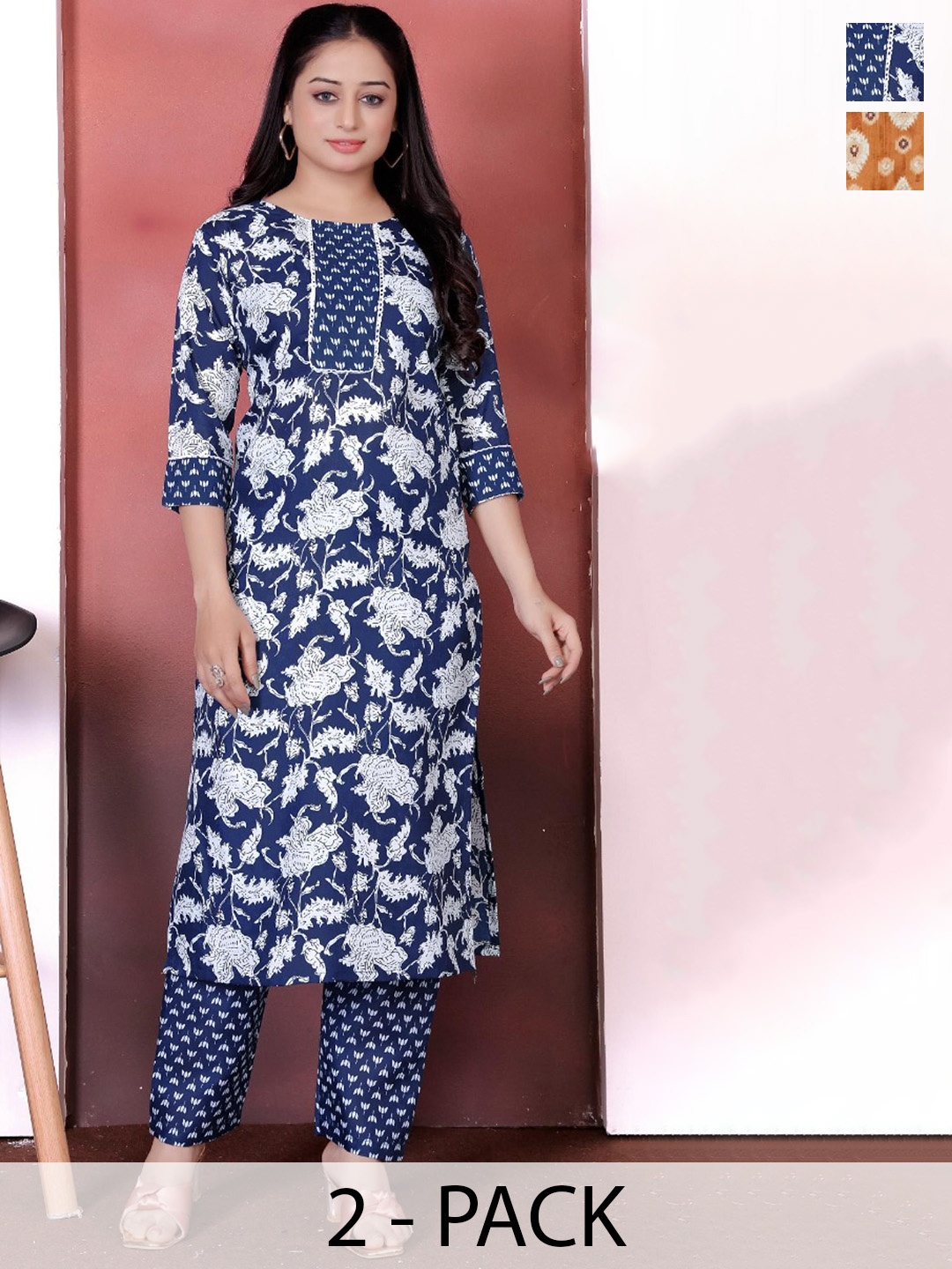 Moda Rapido Selection Of 2 Floral Printed Round Neck Pure Cotton Kurta With Trousers, Blue
Moda Rapido Selection Of 2 Floral Printed Round Neck Pure Cotton Kurta With Trousers, Blue