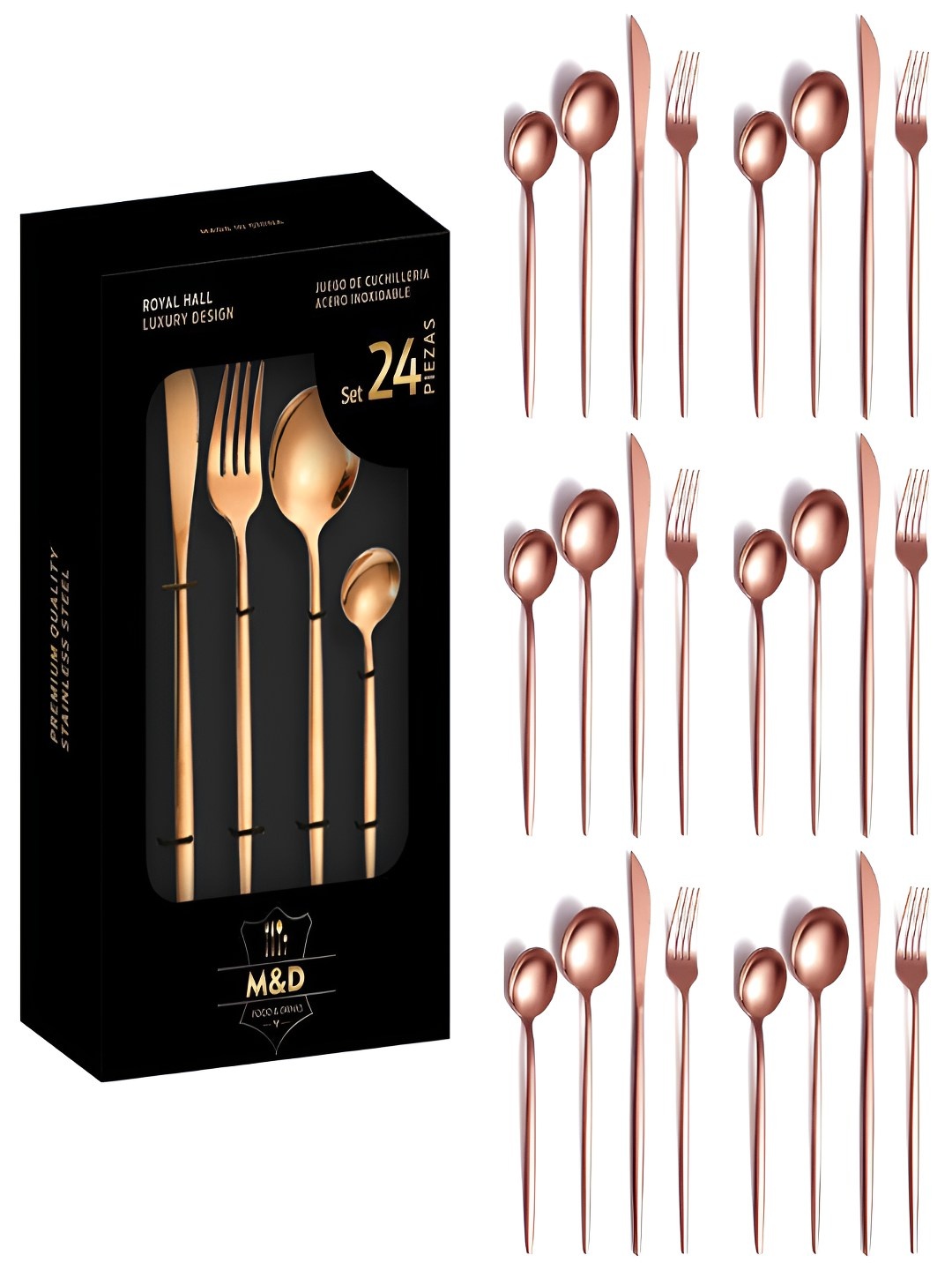 24-Piece French Style Rosegold Stainless Steel Flatware Cutlery Set with Giftable Box, Rose gold
24-Piece French Style Rosegold Stainless Steel Flatware Cutlery Set with Giftable Box, Rose gold