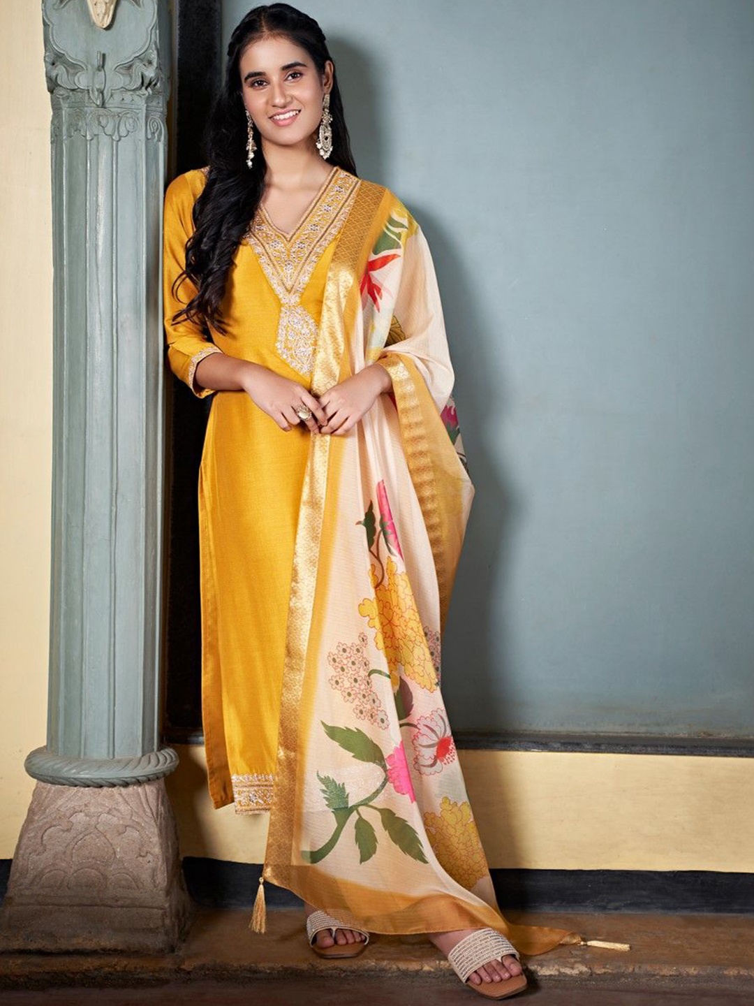 Colors of Earth Women Embroidered Regular Kurta with Trousers & With Dupatta, Yellow
Colors of Earth Women Embroidered Regular Kurta with Trousers & With Dupatta, Yellow