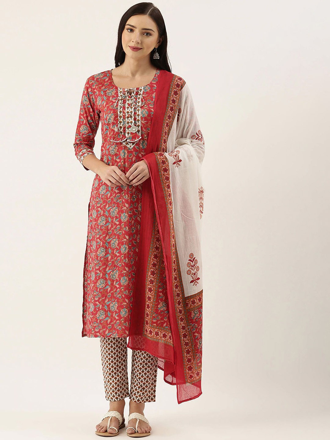 DIVASTRI Women Floral Printed Regular Pure Cotton Kurta with Trousers & With Dupatta, Red
DIVASTRI Women Floral Printed Regular Pure Cotton Kurta with Trousers & With Dupatta, Red