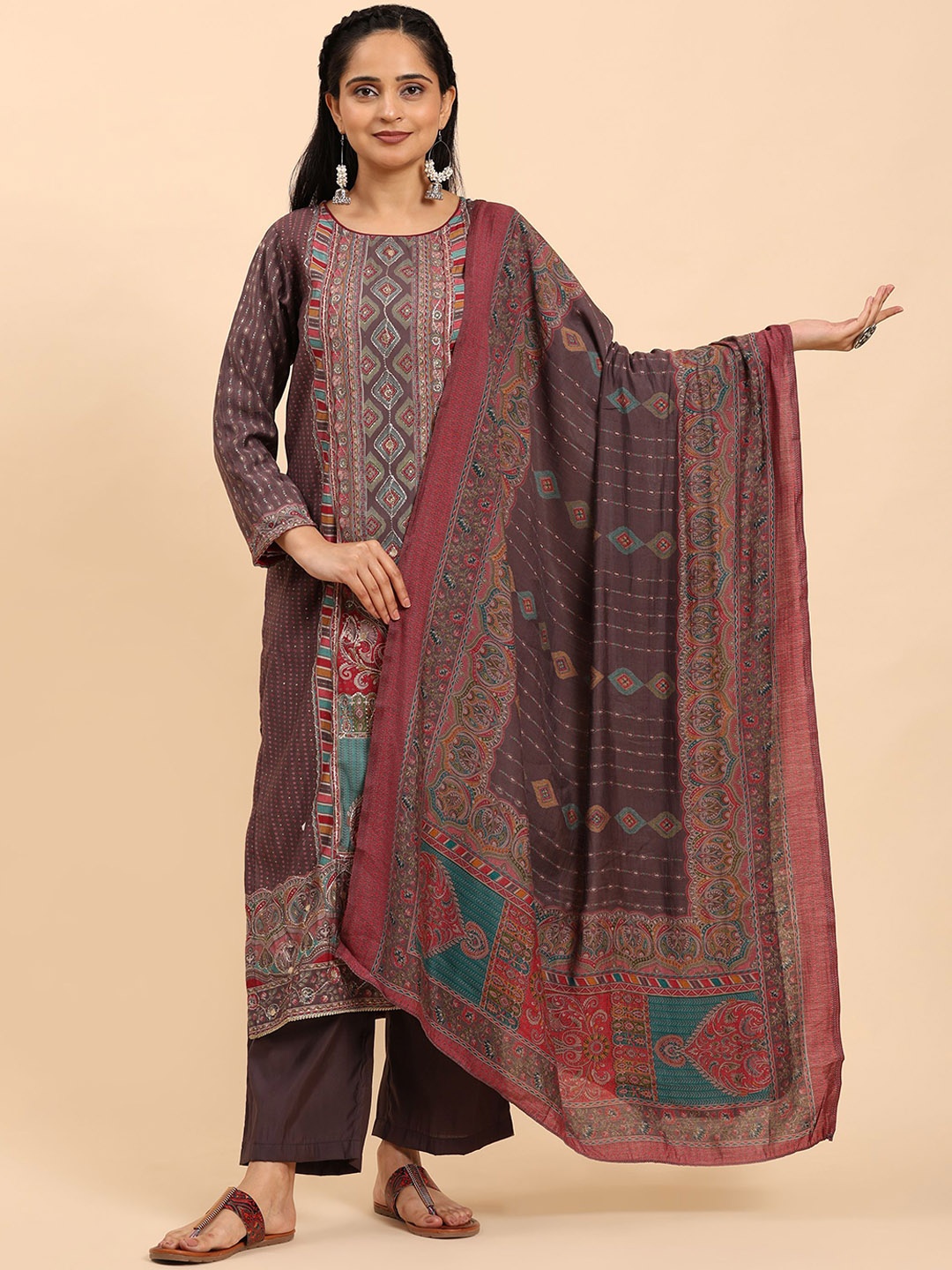 Mamicha Women Floral Embroidered Regular Pure Cotton Kurta with Palazzos & With Dupatta, Brown
Mamicha Women Floral Embroidered Regular Pure Cotton Kurta with Palazzos & With Dupatta, Brown