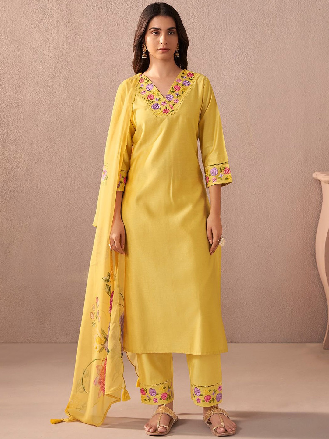 Indo Era Women Floral Embroidered Work Liva Kurta with Trousers & With Dupatta, Yellow
Indo Era Women Floral Embroidered Work Liva Kurta with Trousers & With Dupatta, Yellow