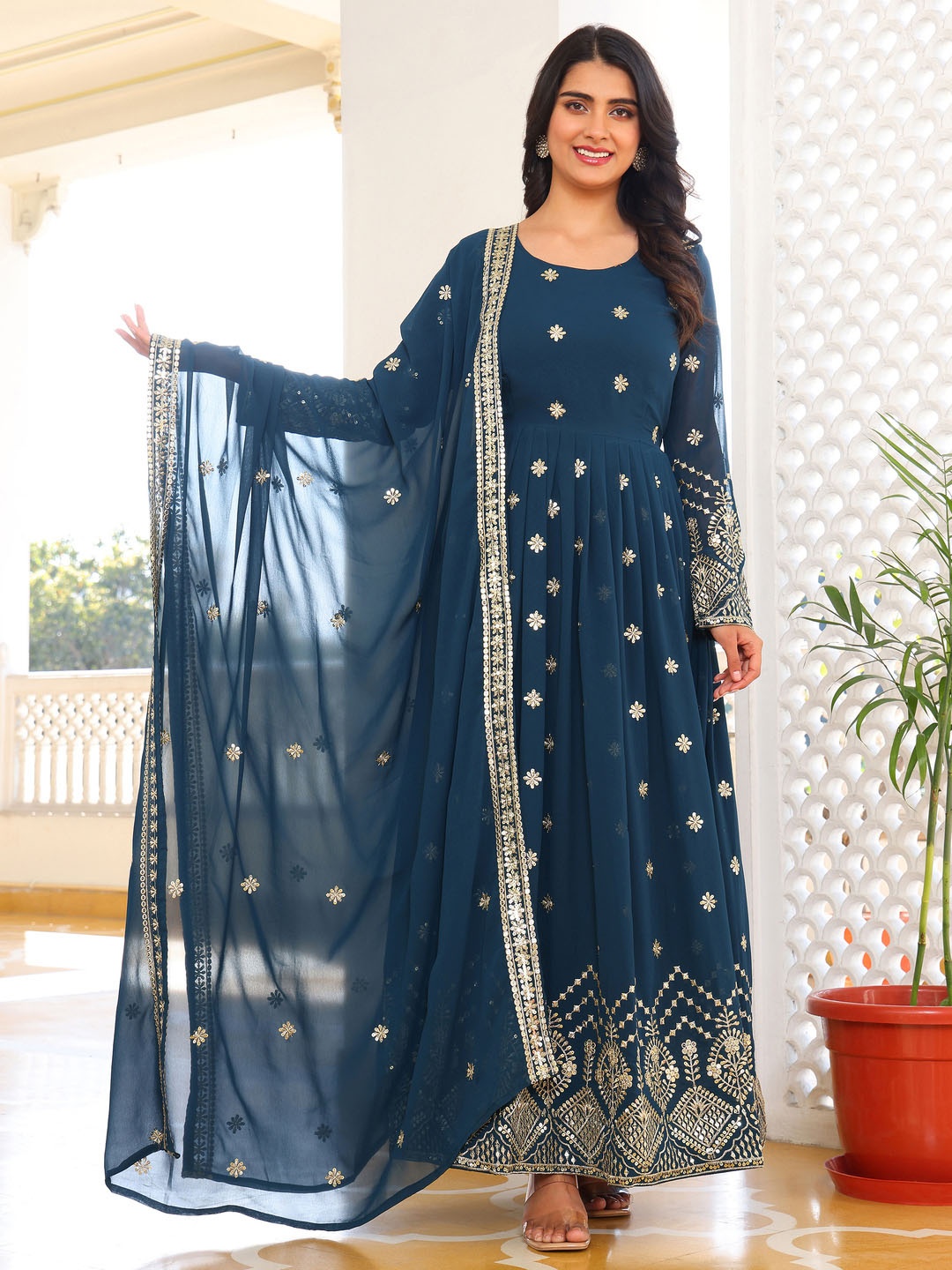KALINI Women Floral Embroidered Regular Kurta with Trousers & With Dupatta, Turquoise blue
KALINI Women Floral Embroidered Regular Kurta with Trousers & With Dupatta, Turquoise blue