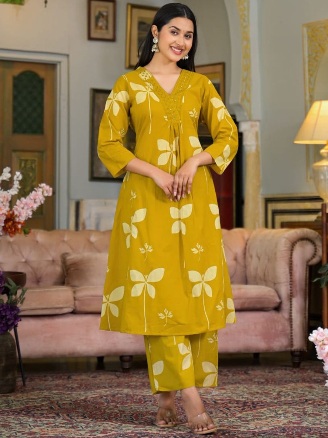 KALINI Women Floral Printed Regular Thread Work Pure Cotton Kurta with Palazzos, Yellow
KALINI Women Floral Printed Regular Thread Work Pure Cotton Kurta with Palazzos, Yellow