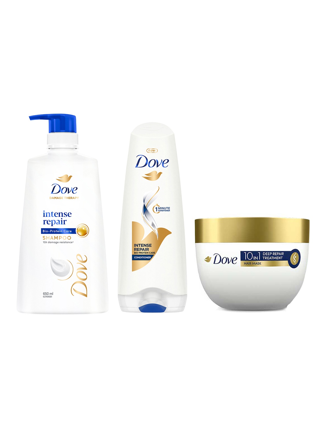 Dove Set of Intense Repair Conditioner 175ml + Shampoo 650ml + Deep Repair Hair Mask 300ml, White
Dove Set of Intense Repair Conditioner 175ml + Shampoo 650ml + Deep Repair Hair Mask 300ml, White