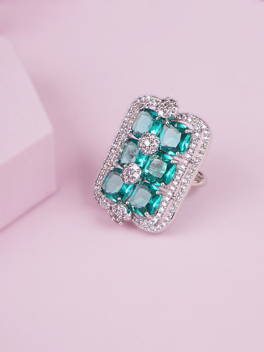Adwitiya Collection Rhodium-Plated AD & Emerald Studded Adjustable Finger Ring, Silver
Adwitiya Collection Rhodium-Plated AD & Emerald Studded Adjustable Finger Ring, Silver