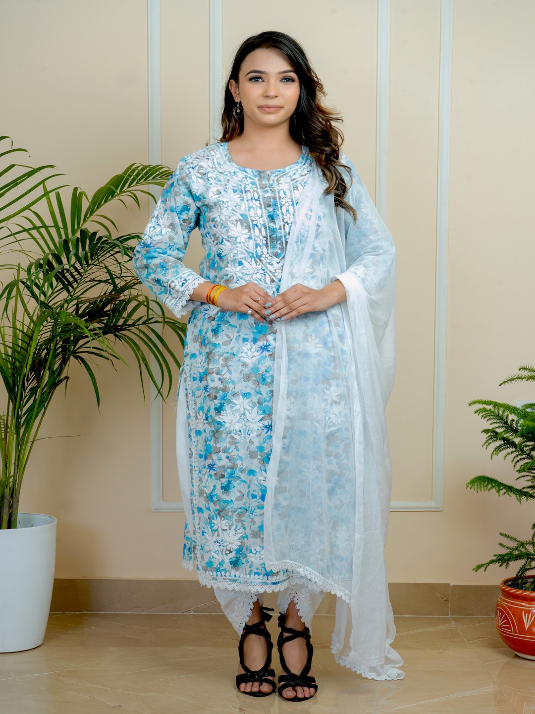 ADR CHIKAN Floral Printed Chikankari Mulmul Cotton Straight Kurta With Dhoti & Dupatta Set, Blue
ADR CHIKAN Floral Printed Chikankari Mulmul Cotton Straight Kurta With Dhoti & Dupatta Set, Blue