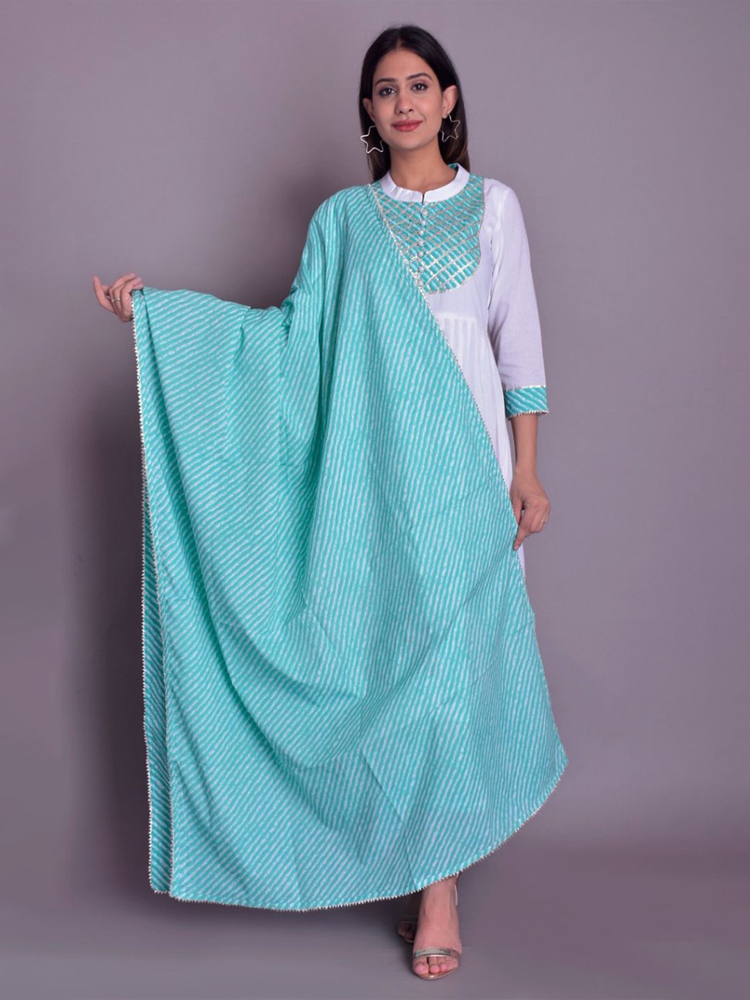 Anootha Women Floral Print Fit & Flare Madarin Collar Maxi Dress With Lahariya Dupatta, White
Anootha Women Floral Print Fit & Flare Madarin Collar Maxi Dress With Lahariya Dupatta, White