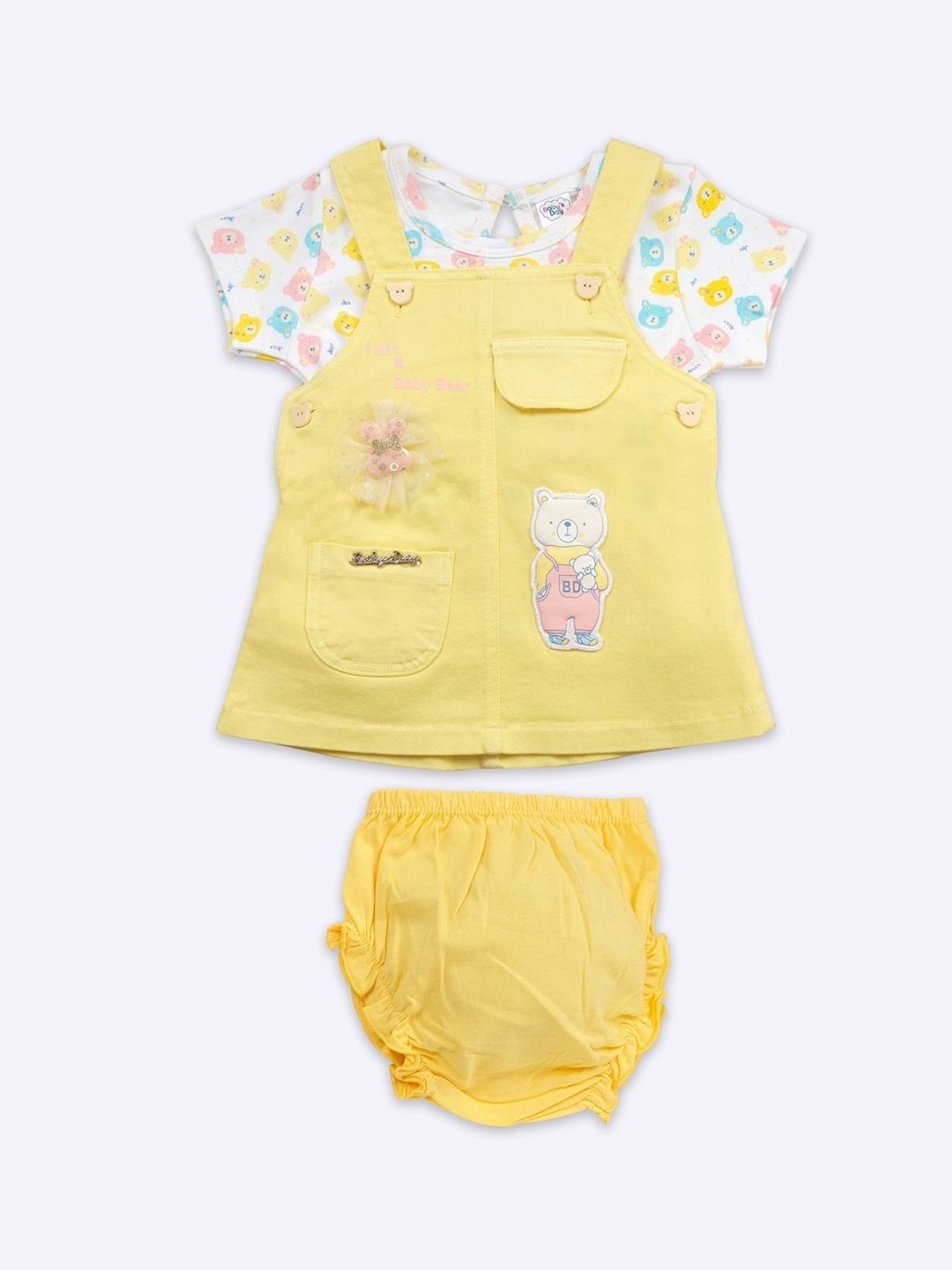 Babys Day Infant Girls Teddy Bear Printed Pure Cotton Dungaree With Top & Brief, Yellow
Babys Day Infant Girls Teddy Bear Printed Pure Cotton Dungaree With Top & Brief, Yellow