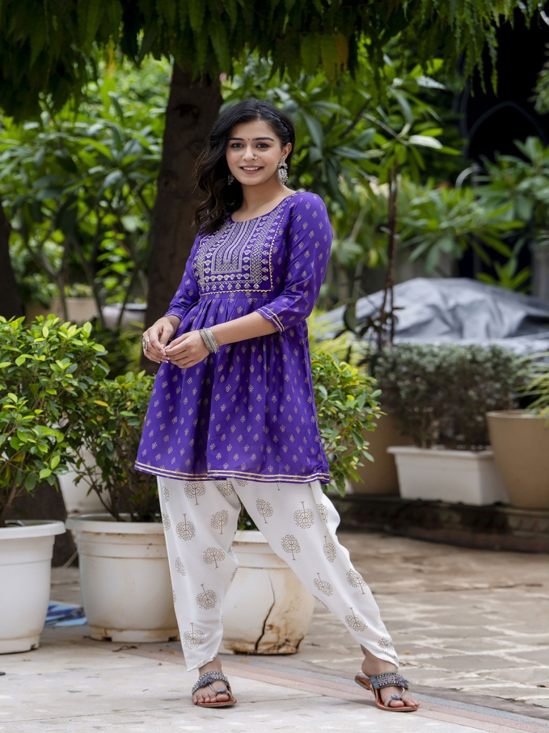 Jollity Floral Printed Round Neck Sequinned Pleated Anarkali Kurta With Dhoti Pants, Violet
Jollity Floral Printed Round Neck Sequinned Pleated Anarkali Kurta With Dhoti Pants, Violet