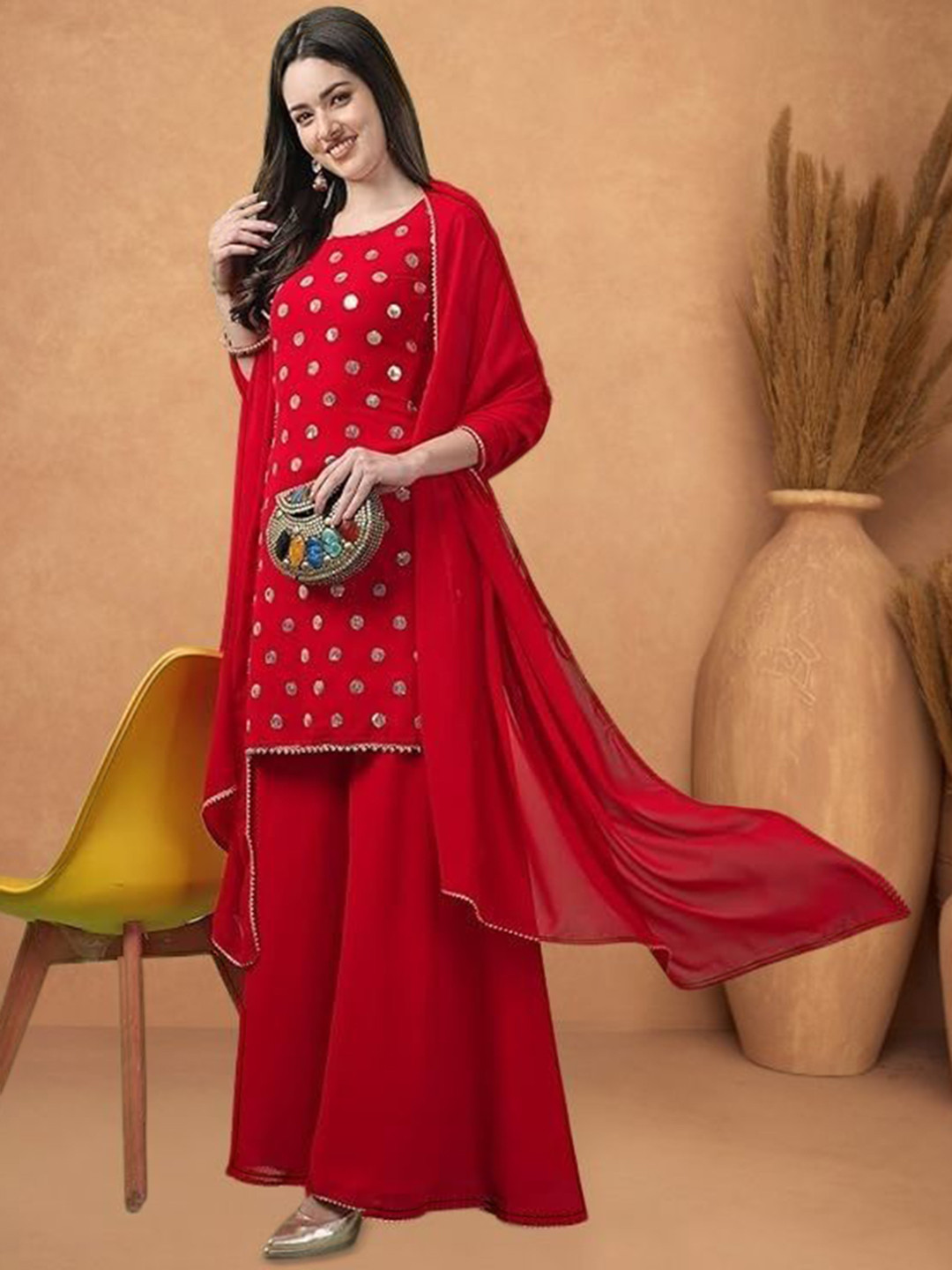 PARROT CREATION Geometric Embroidered Sequinned Georgette Kurti with Sharara And Dupatta, Red
PARROT CREATION Geometric Embroidered Sequinned Georgette Kurti with Sharara And Dupatta, Red
