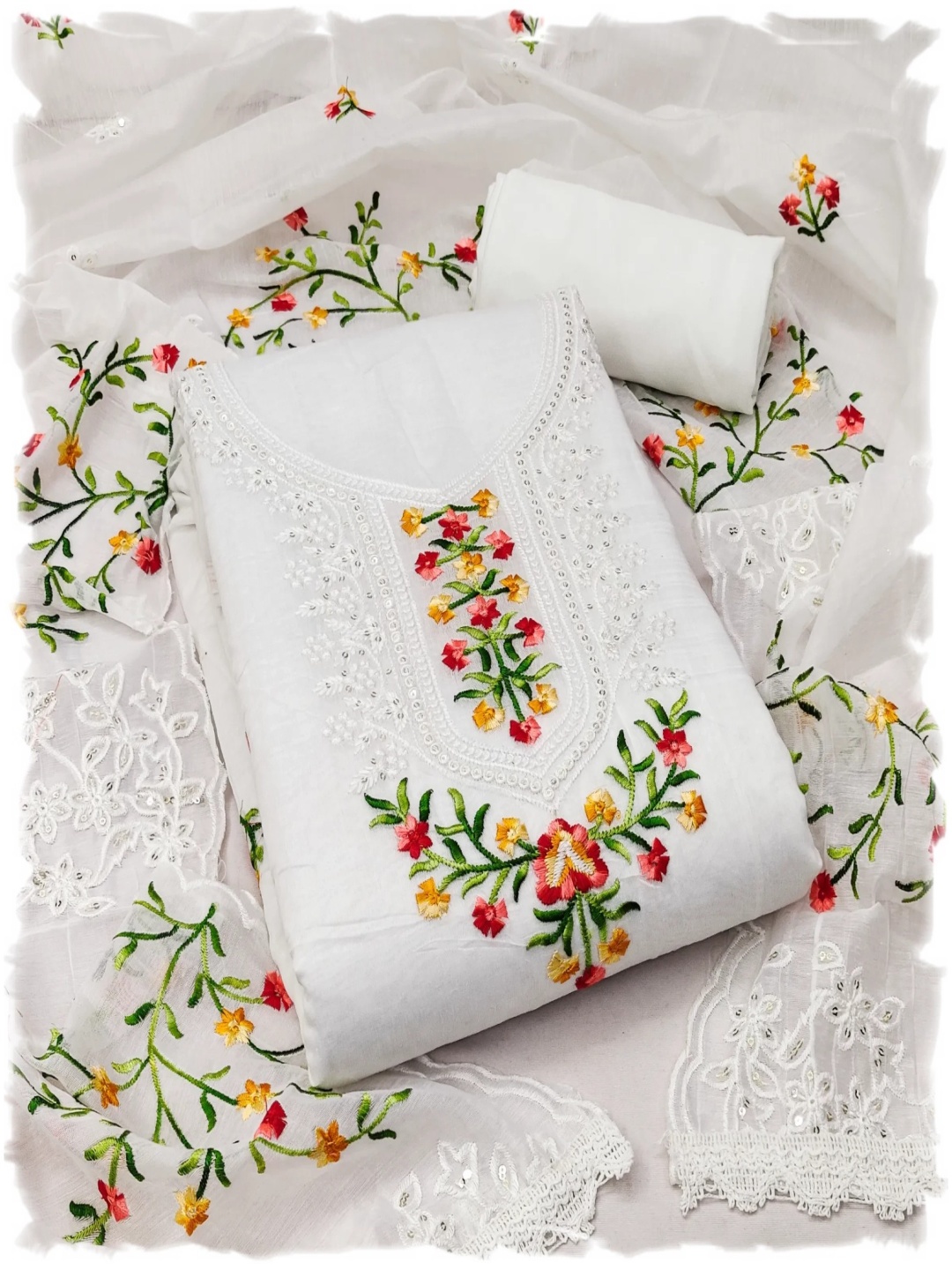 BlissFlair Floral Embroidered Lace Work Pure Cotton Unstitched Dress Material, White
BlissFlair Floral Embroidered Lace Work Pure Cotton Unstitched Dress Material, White