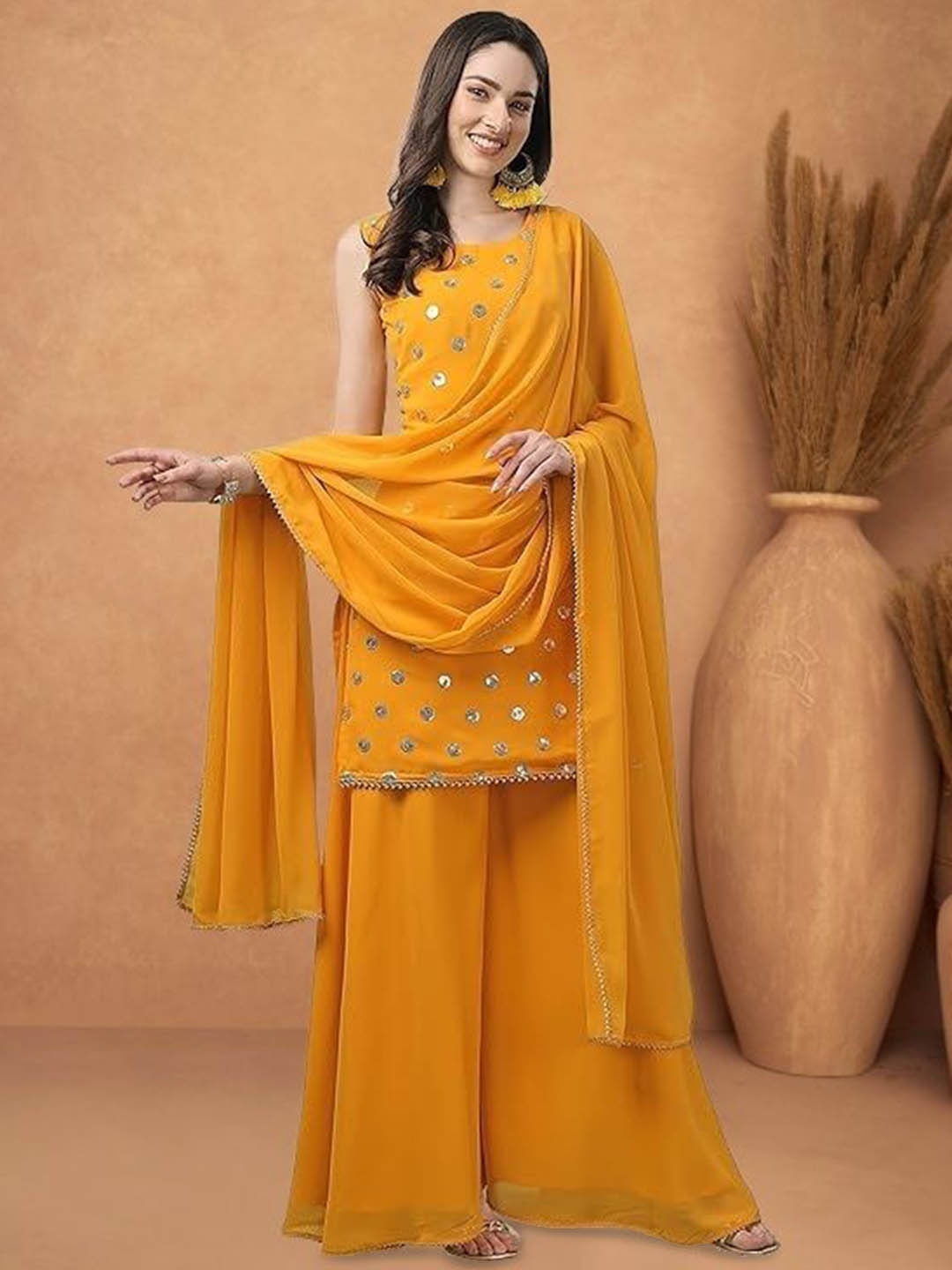 PARROT CREATION Polka Dot Printed Gotta Patti Round Neck Kurti With Sharara & Dupatta, Yellow
PARROT CREATION Polka Dot Printed Gotta Patti Round Neck Kurti With Sharara & Dupatta, Yellow