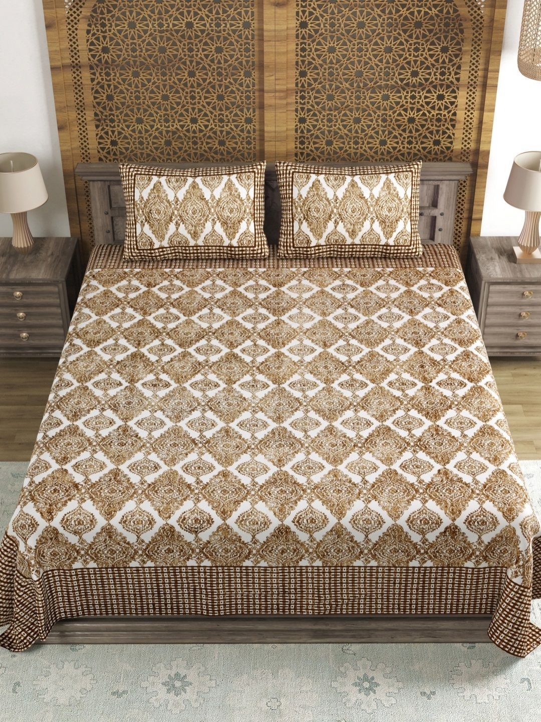 Myntra Elegant Homes Brown Motifs Printed Cotton 144 TC King Bedsheet Set- 2.18 m x 2.64 m
Myntra Elegant Homes Brown Motifs Printed Cotton 144 TC King Bedsheet Set- 2.18 m x 2.64 m
