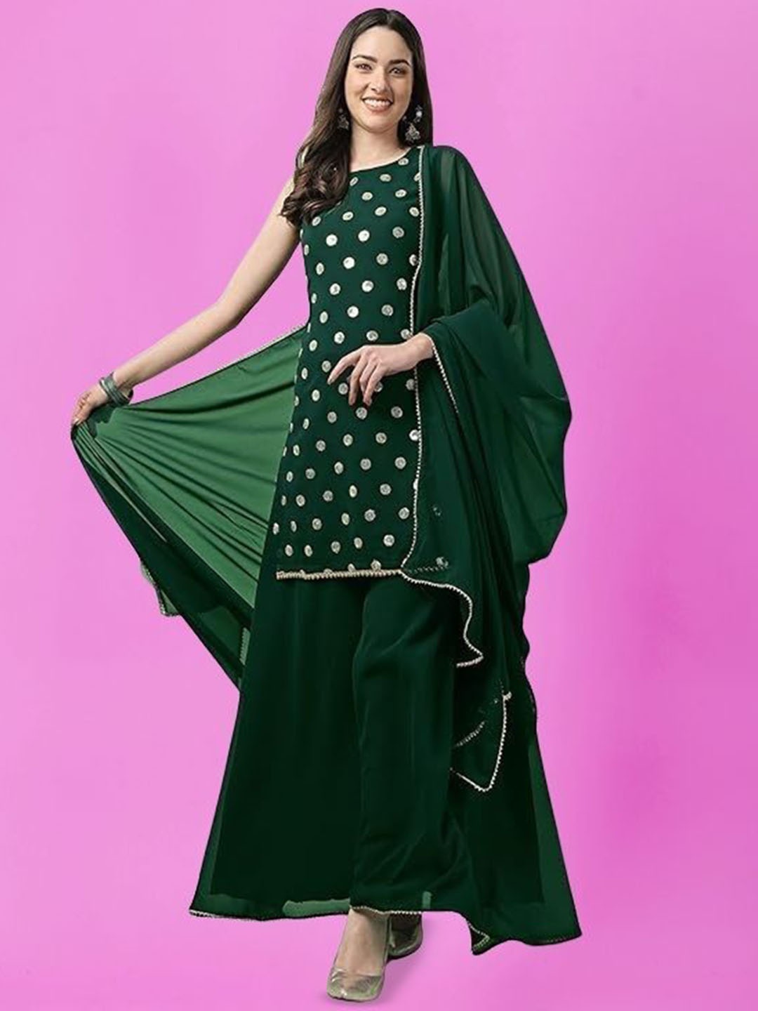 PARROT CREATION Geometric Embroidered Sequinned Georgette Kurti with Sharara And Dupatta, Green
PARROT CREATION Geometric Embroidered Sequinned Georgette Kurti with Sharara And Dupatta, Green