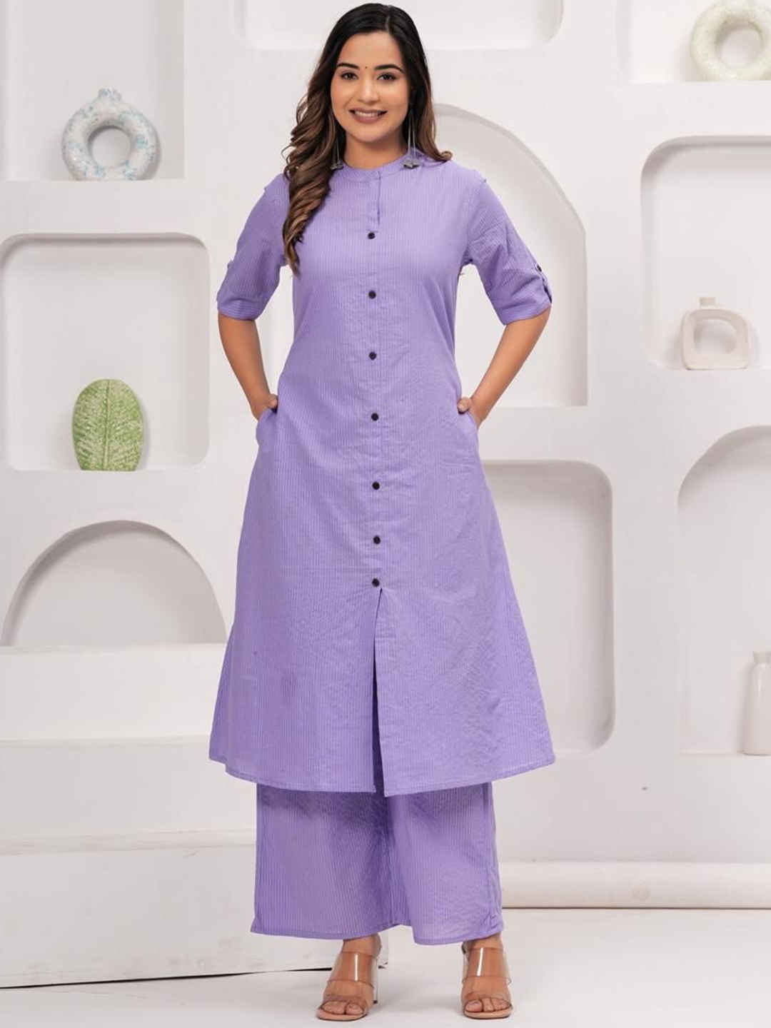 ETHNIC VILLAA Striped Kantha Work Mandarin Collar Pure Cotton A-Line Kurta with Palazzos, Lavender
ETHNIC VILLAA Striped Kantha Work Mandarin Collar Pure Cotton A-Line Kurta with Palazzos, Lavender