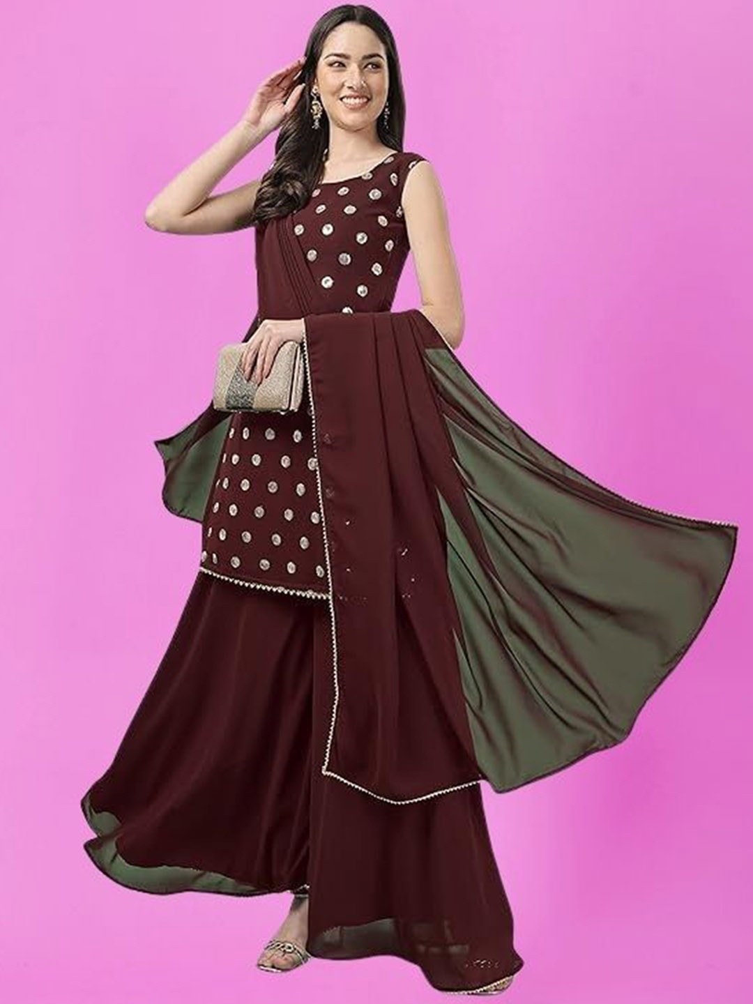 PARROT CREATION Geometric Embroidered Sequinned Georgette Kurti with Sharara And Dupatta, Brown
PARROT CREATION Geometric Embroidered Sequinned Georgette Kurti with Sharara And Dupatta, Brown