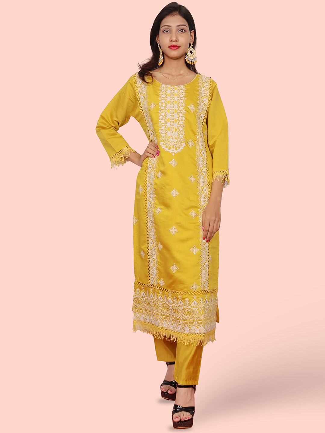 Shreekama Floral Embroidered Sequinned Round Neck Organza Kurta With Trouser & Dupatta, Mustard
Shreekama Floral Embroidered Sequinned Round Neck Organza Kurta With Trouser & Dupatta, Mustard