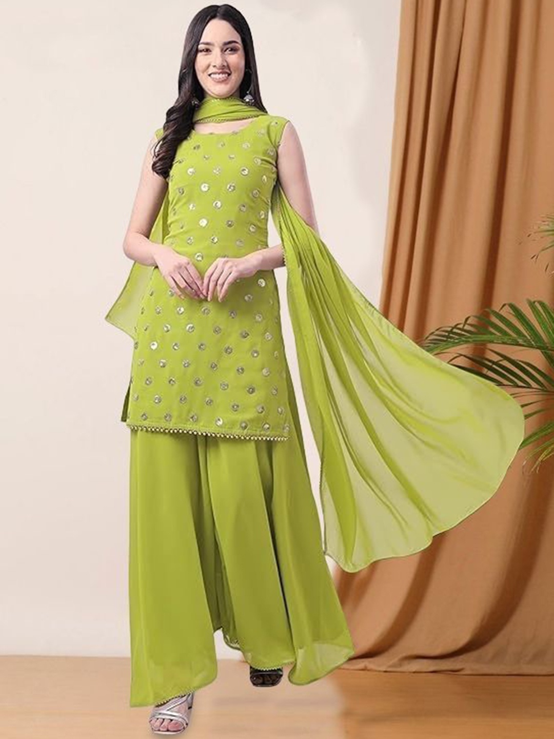 PARROT CREATION Geometric Embroidered Sequinned Georgette Kurti with Sharara And Dupatta, Lime green
PARROT CREATION Geometric Embroidered Sequinned Georgette Kurti with Sharara And Dupatta, Lime green