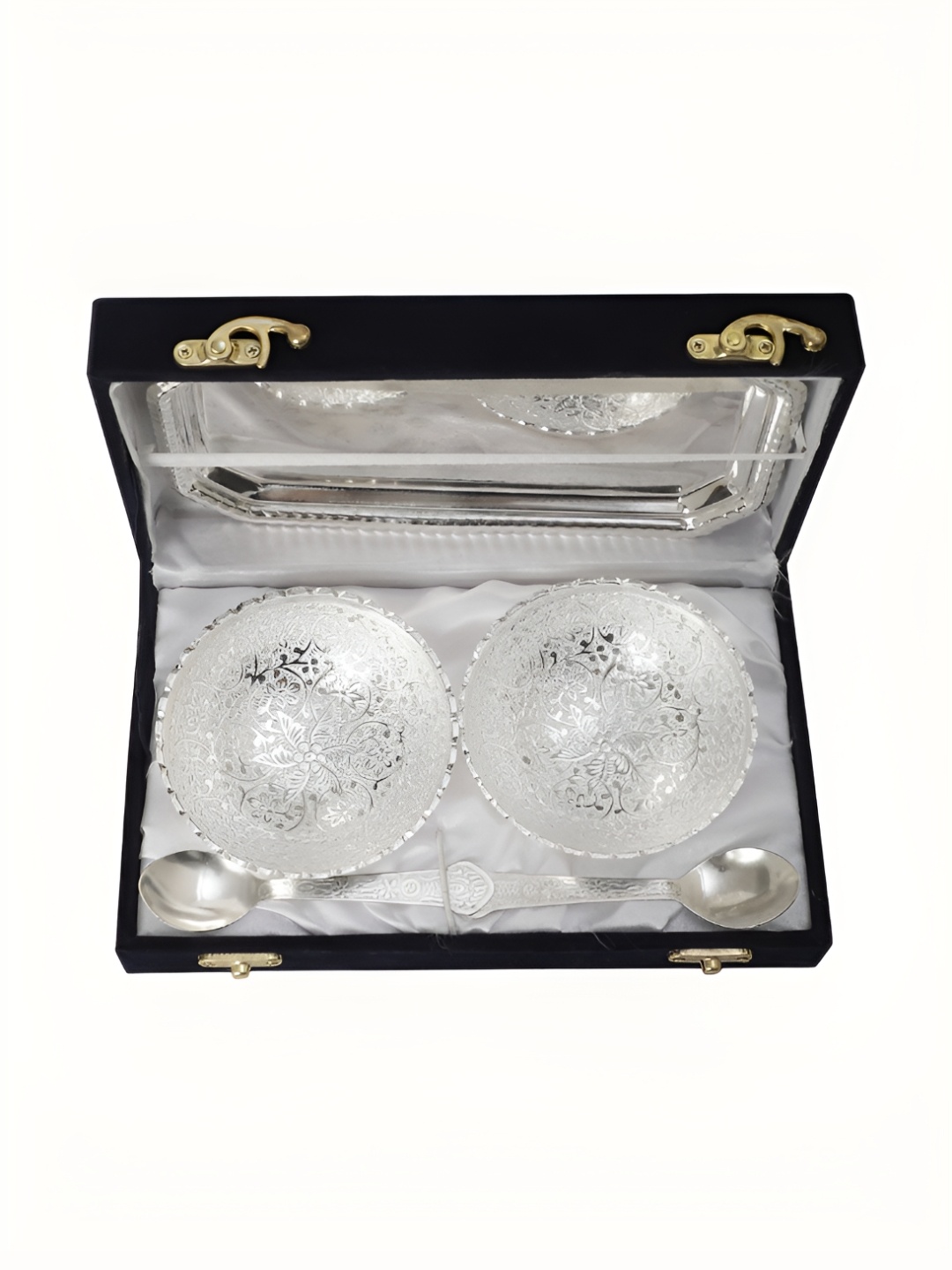 INTERNATIONAL GIFT Silver-Toned 5 PCS Textured Bowl Set With Tray & Spoons With Velvet Box
INTERNATIONAL GIFT Silver-Toned 5 PCS Textured Bowl Set With Tray & Spoons With Velvet Box