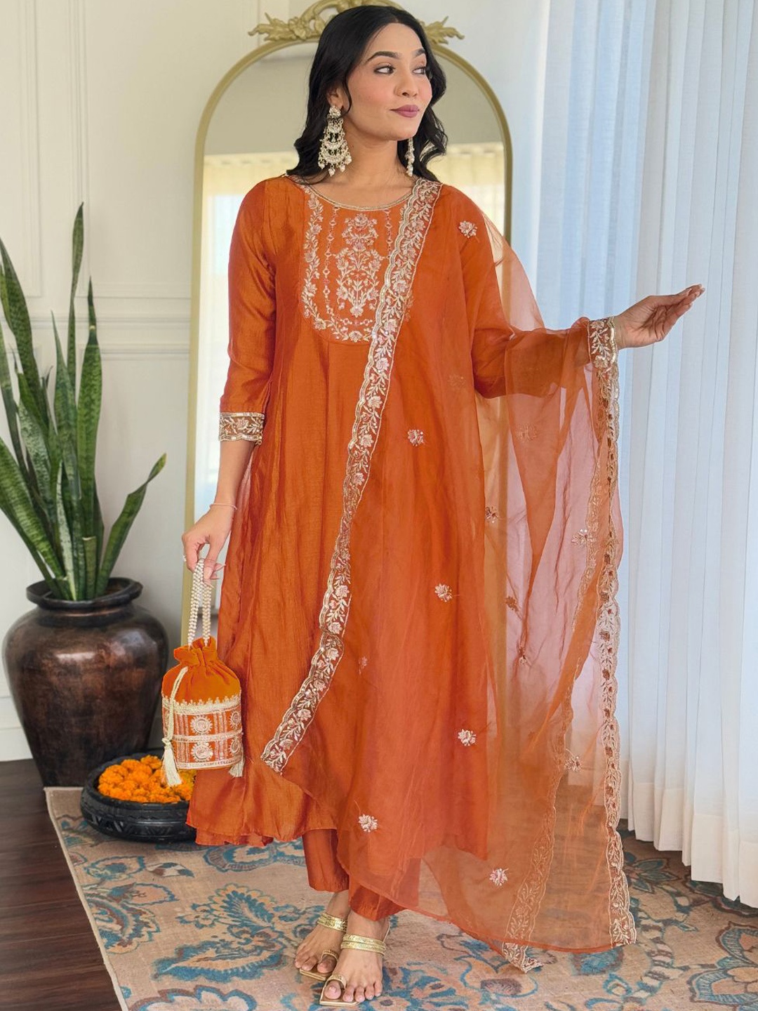 PARNAVI Floral Embroidered Sequnnied Pure Silk Anarkali Kurta With Trousers & Dupatta, Orange
PARNAVI Floral Embroidered Sequnnied Pure Silk Anarkali Kurta With Trousers & Dupatta, Orange