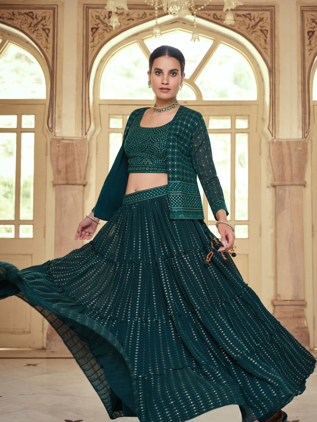 Fusionic Floral Embroidered Sequinned Ready To Wear Lehenga & Blouse With Jacket, Green
Fusionic Floral Embroidered Sequinned Ready To Wear Lehenga & Blouse With Jacket, Green