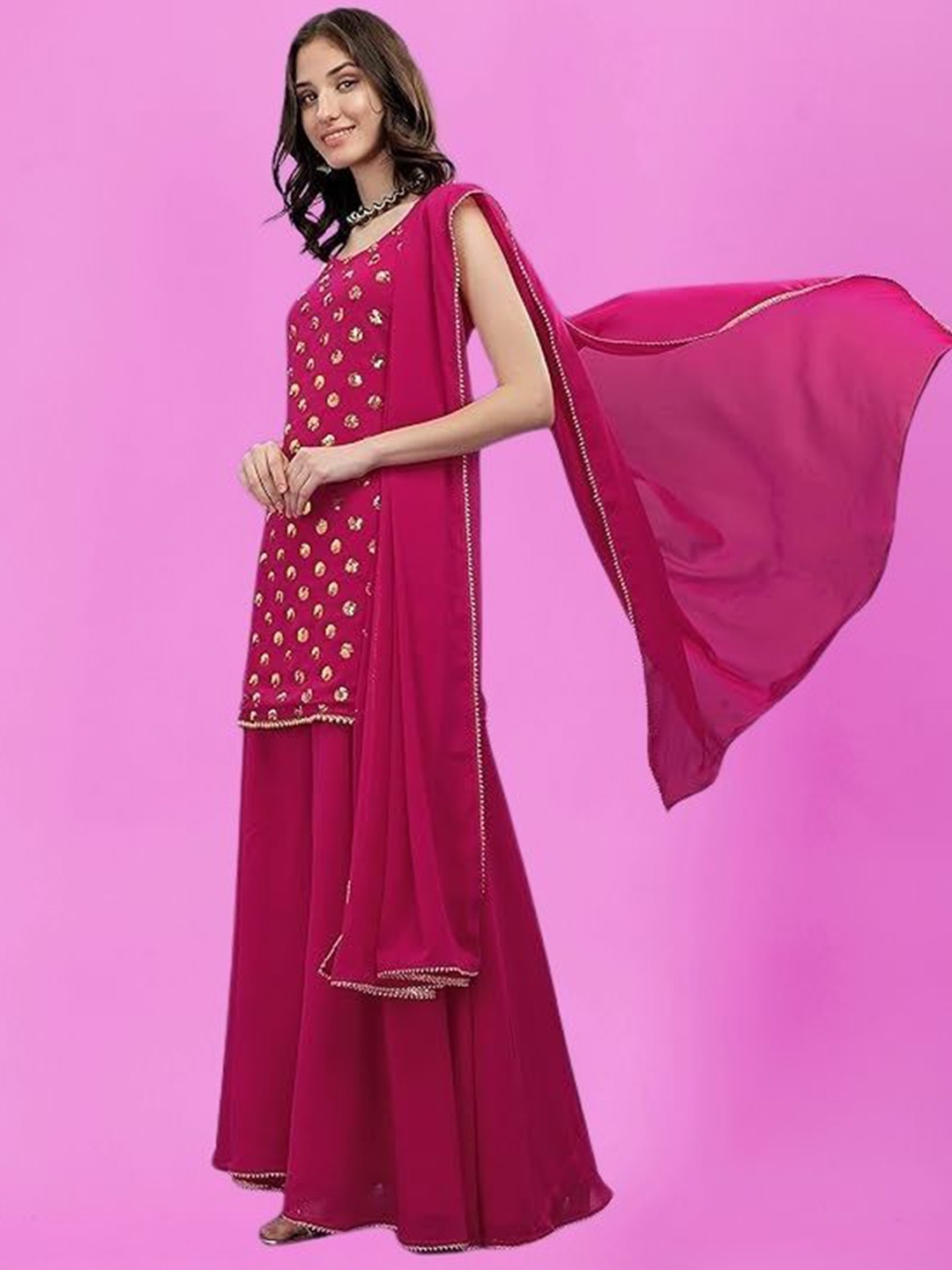 PARROT CREATION Geometric Embroidered Sequinned Georgette Kurti with Sharara And Dupatta, Pink
PARROT CREATION Geometric Embroidered Sequinned Georgette Kurti with Sharara And Dupatta, Pink
