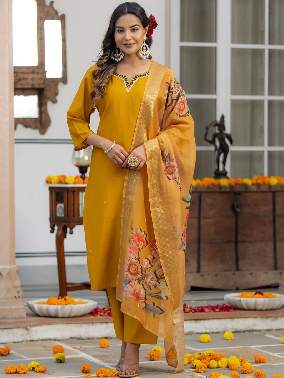Moda Rapido Floral Embroidered Notch Neck Raw Silk Kurta With Trouser And Dupatta, Yellow
Moda Rapido Floral Embroidered Notch Neck Raw Silk Kurta With Trouser And Dupatta, Yellow