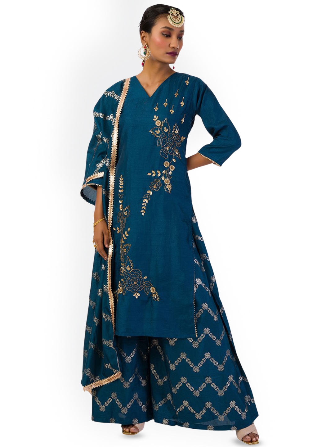 Mystake By Meghna Shah Embroidered Dupion Silk Straight Kurta With Palazzos & Dupatta, Blue
Mystake By Meghna Shah Embroidered Dupion Silk Straight Kurta With Palazzos & Dupatta, Blue